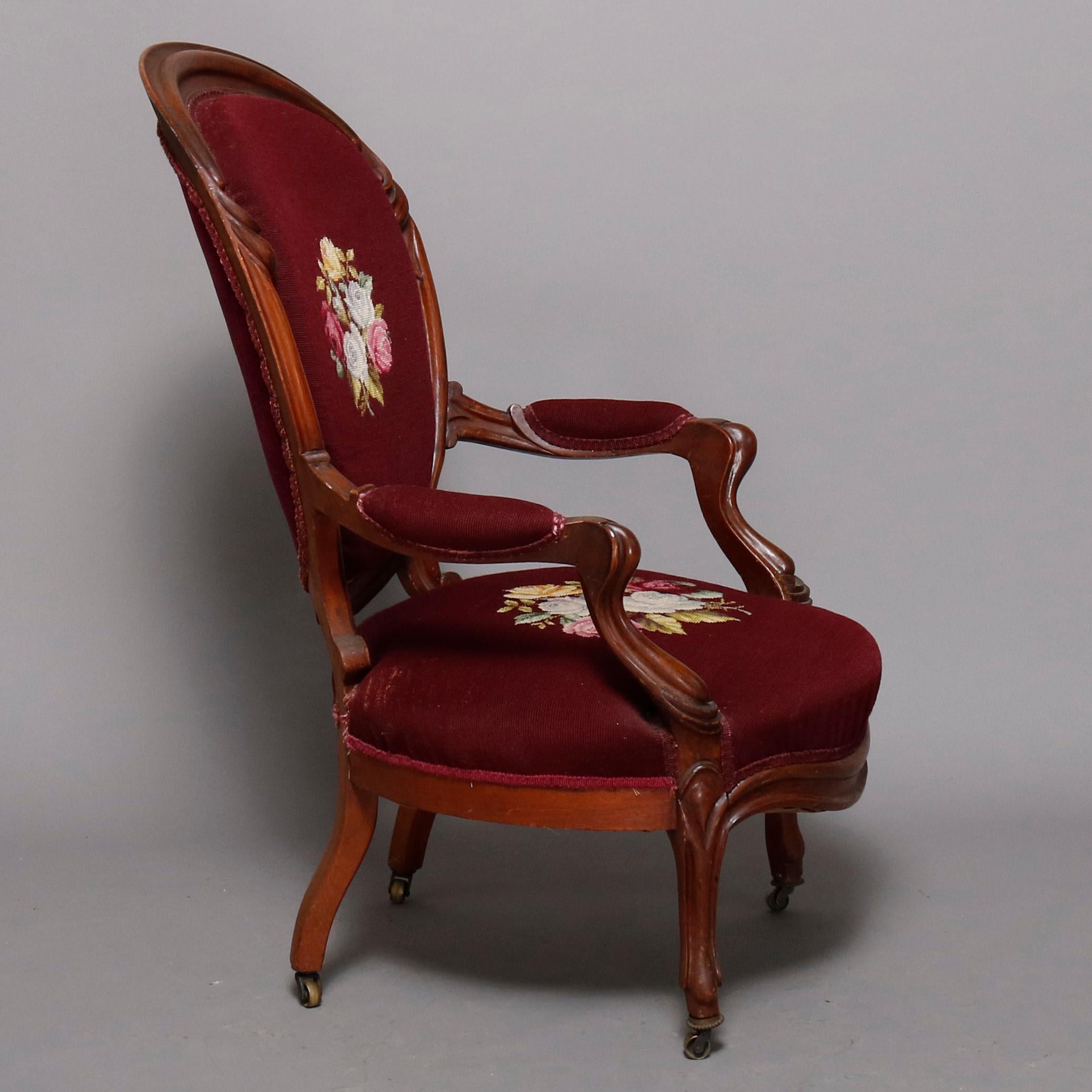 Upholstery Antique Victorian Carved Walnut and Needlepoint Parlor Armchair, circa 1890