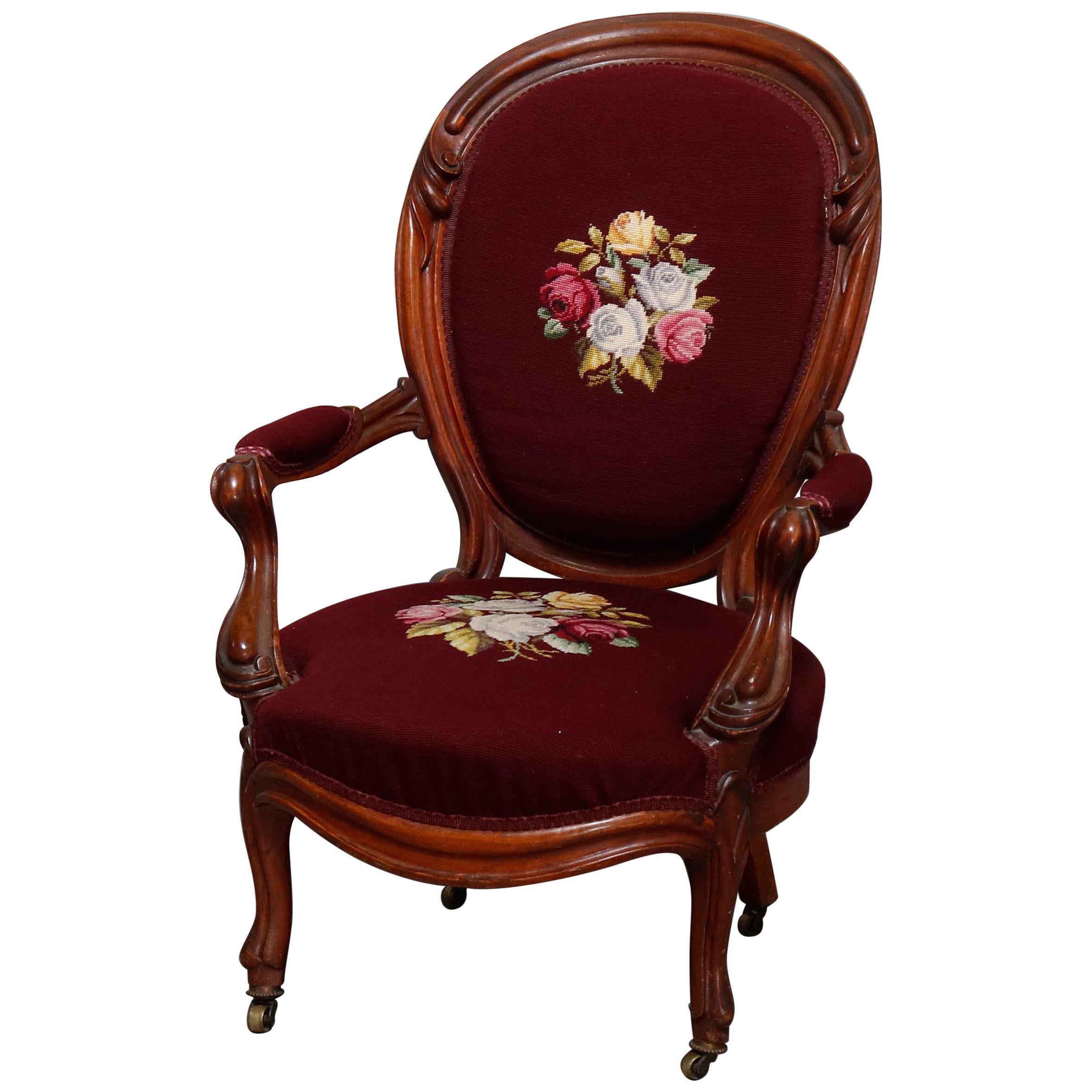 Antique Victorian Carved Walnut and Needlepoint Parlor Armchair, circa 1890