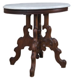Antique Victorian Carved Walnut Oval Marble Top Parlor Center Side Table