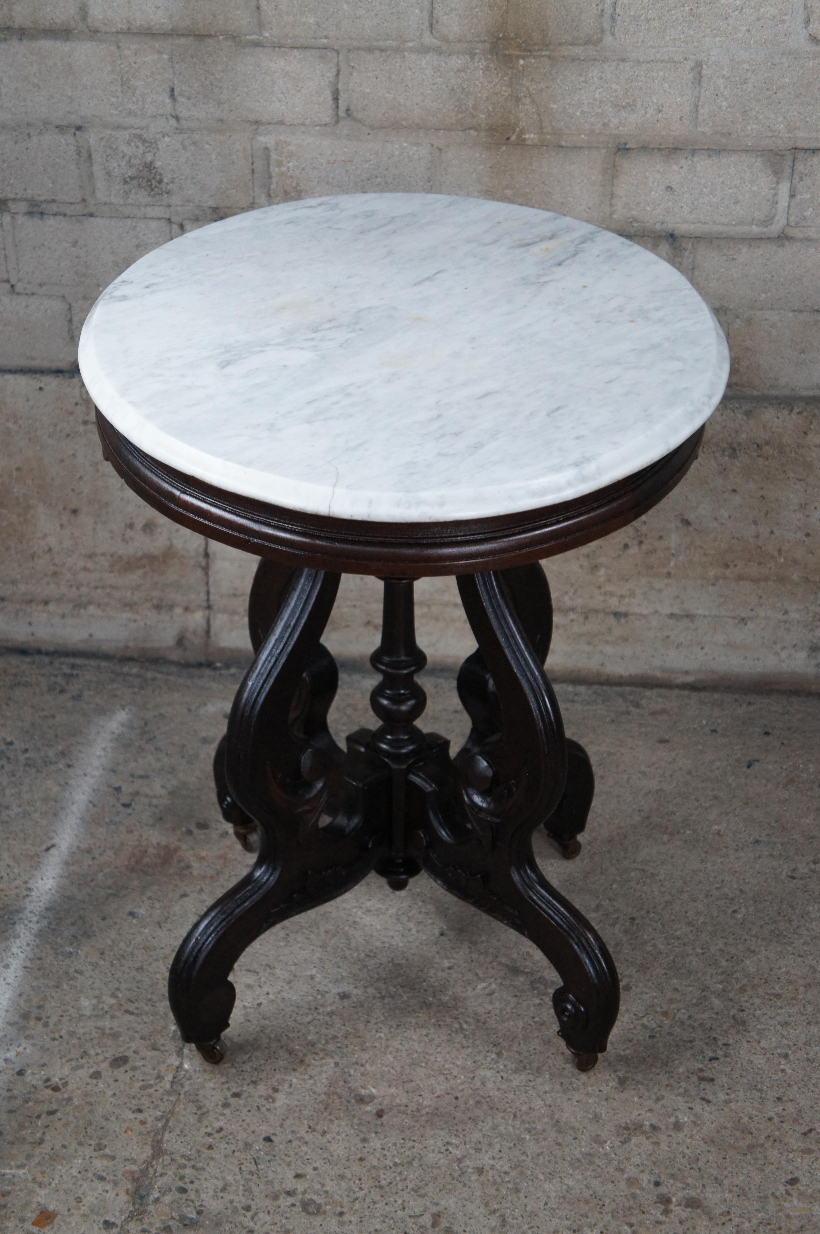 Antique Victorian Carved Walnut Oval Marble Top Parlor End Table Plant Stand 7