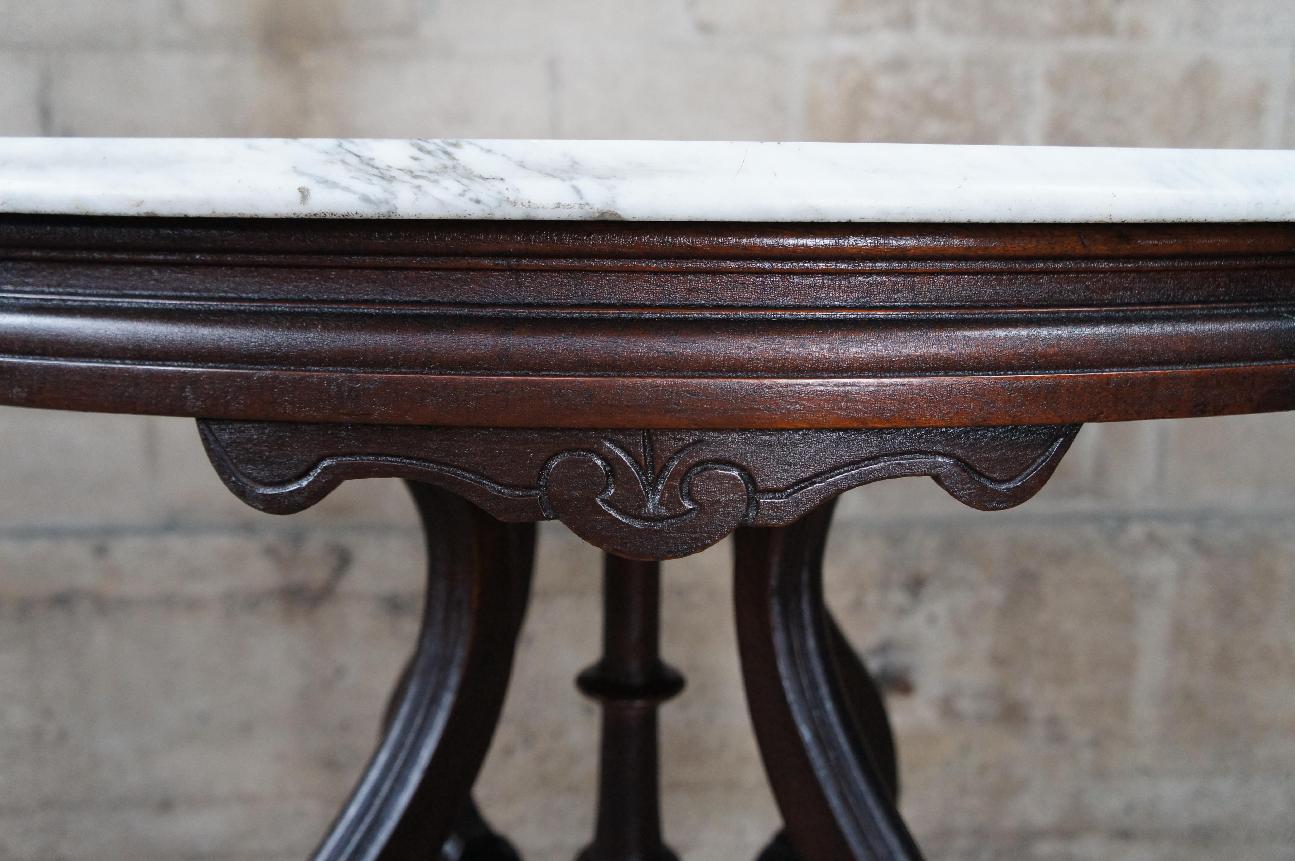 Antique Victorian Carved Walnut Oval Marble Top Parlor End Table Plant Stand 1