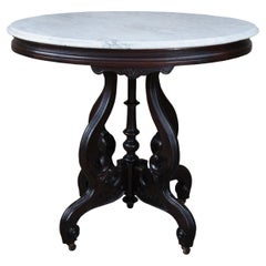 Antique Victorian Carved Walnut Oval Marble Top Parlor End Table Plant Stand