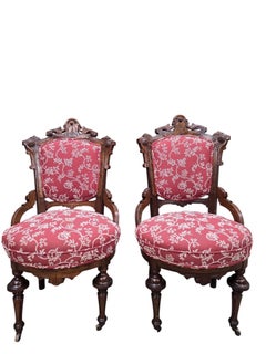 Antique Victorian Carved Walnut Parlor Chairs - Pair