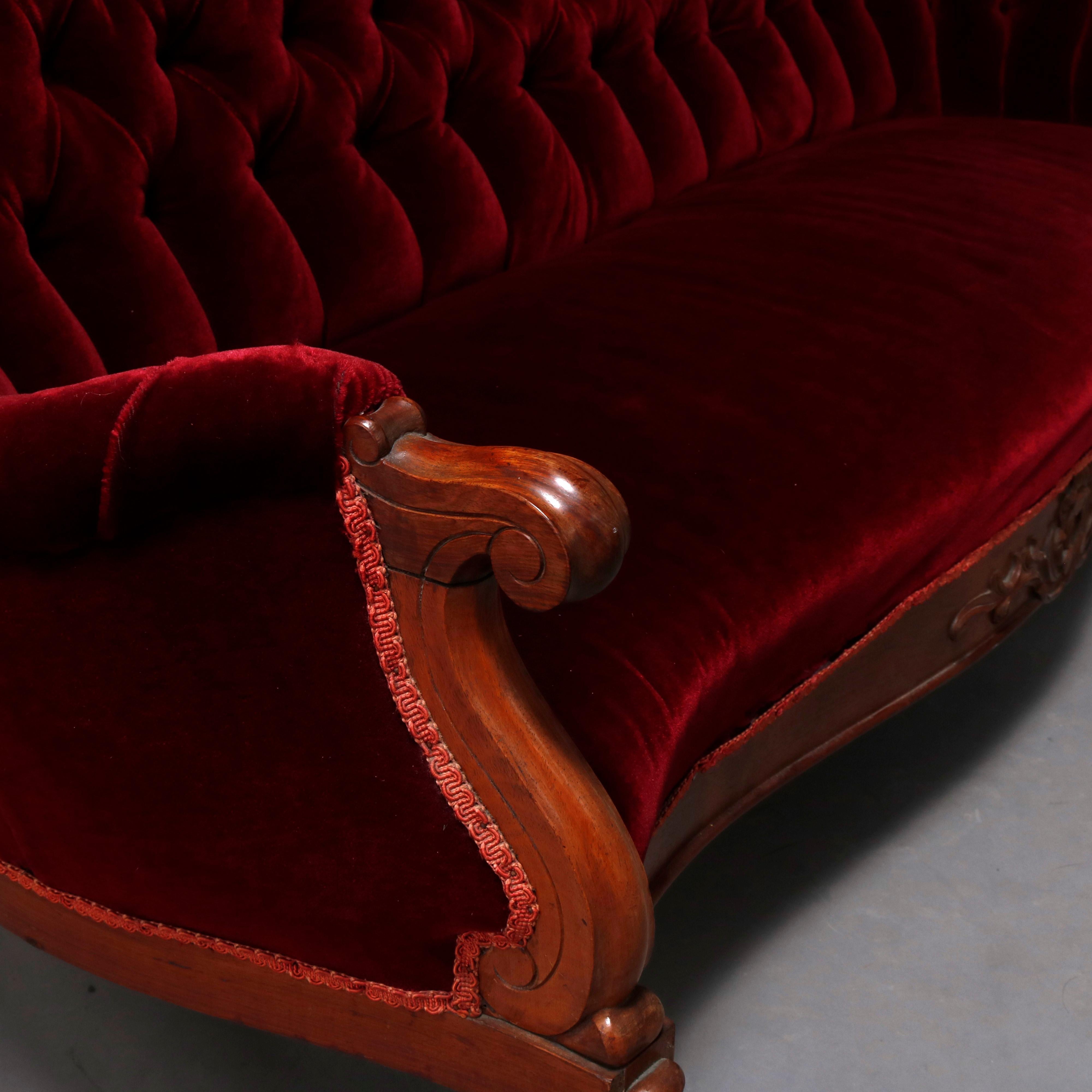 Antique Victorian Carved Walnut and Plum Button Back Velvet Sofa, circa 1890 3