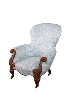 Antique Victorian Carved Walnut Spoon-Back Blue Floral Salon Armchair C. 1880s