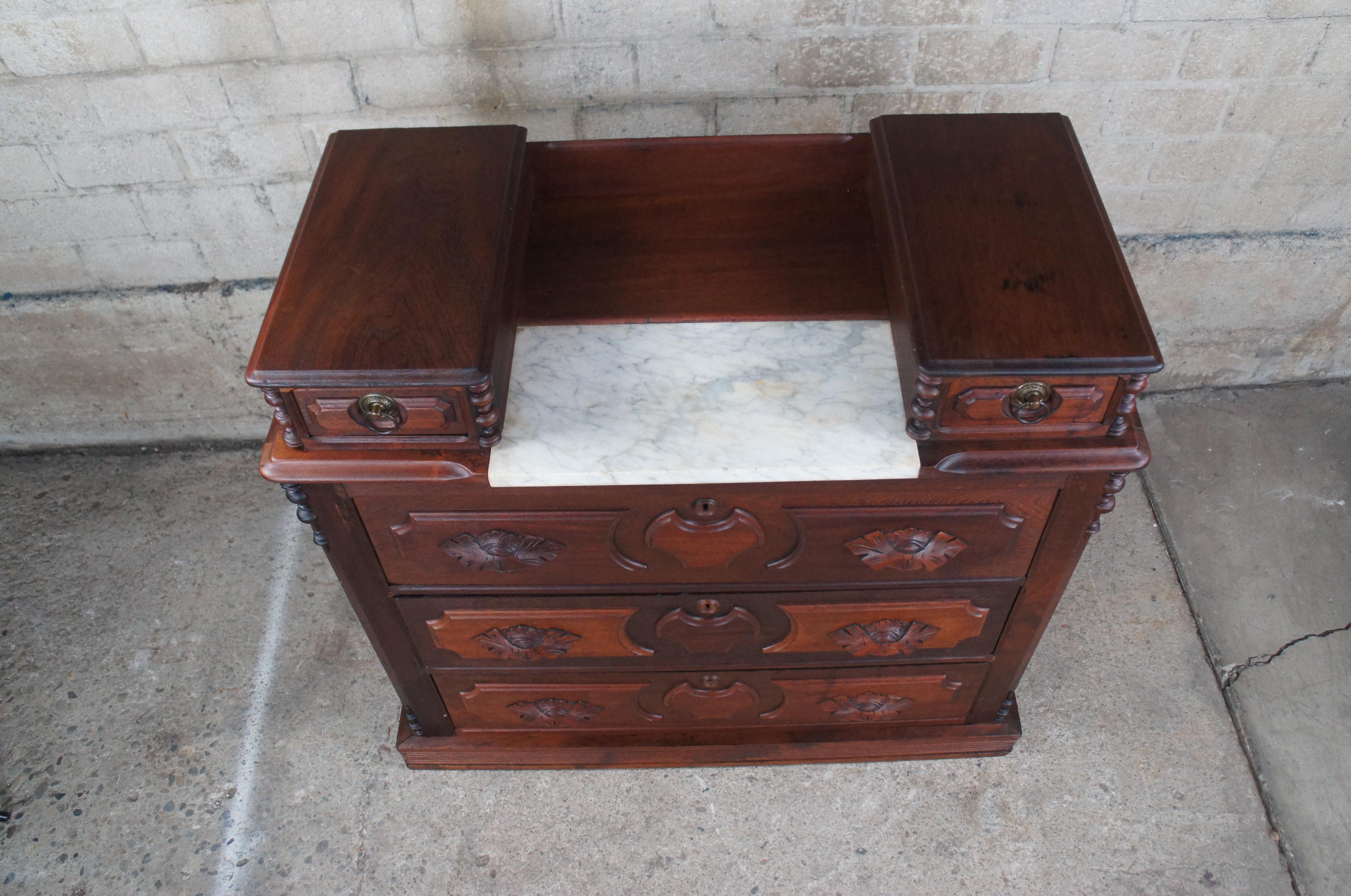 Late 19th Century Antique Victorian Carved Walnut Step Back Dresser Chest Marble Glovebox Drawers