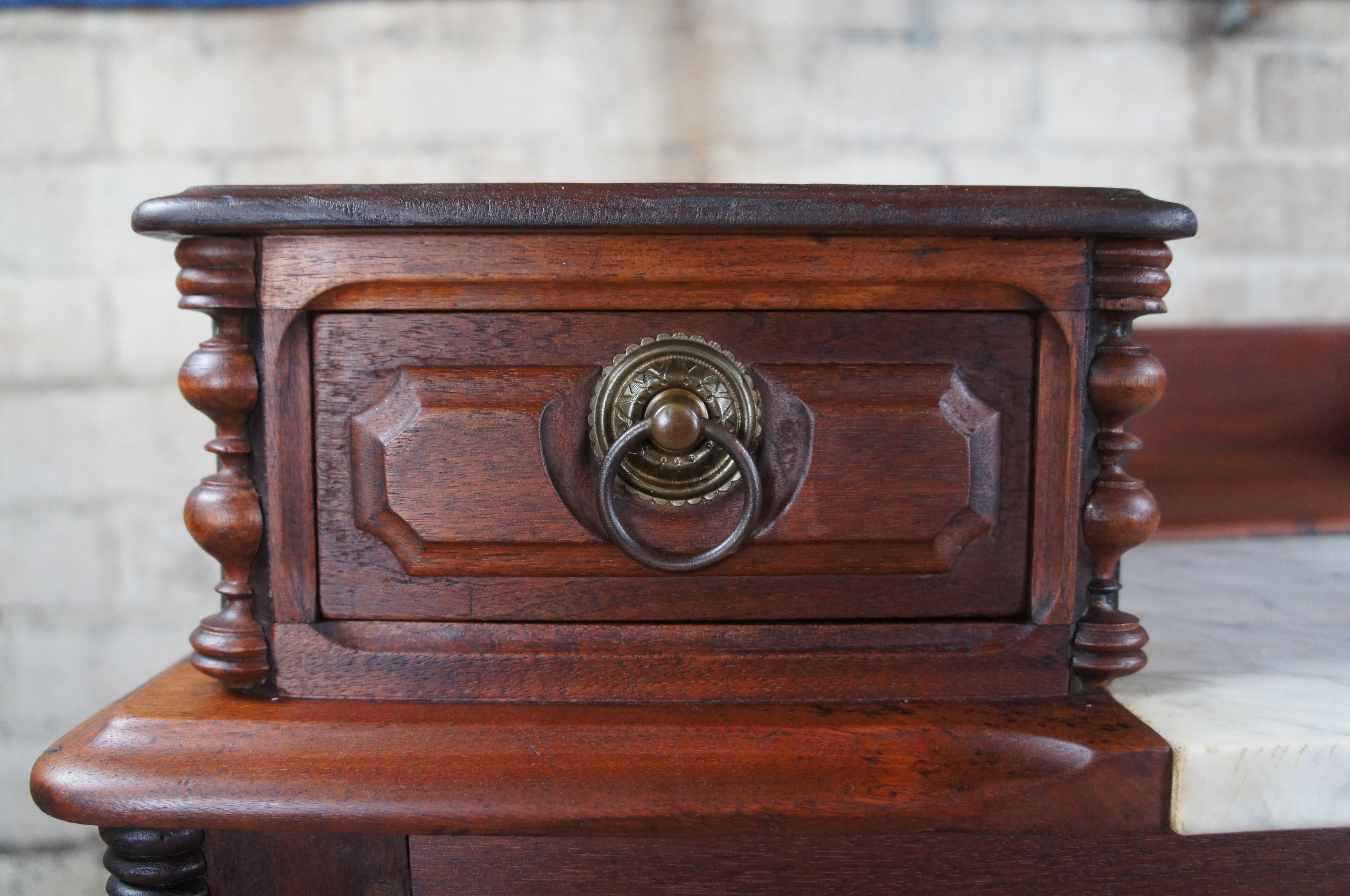 Antique Victorian Carved Walnut Step Back Dresser Chest Marble Glovebox Drawers 1