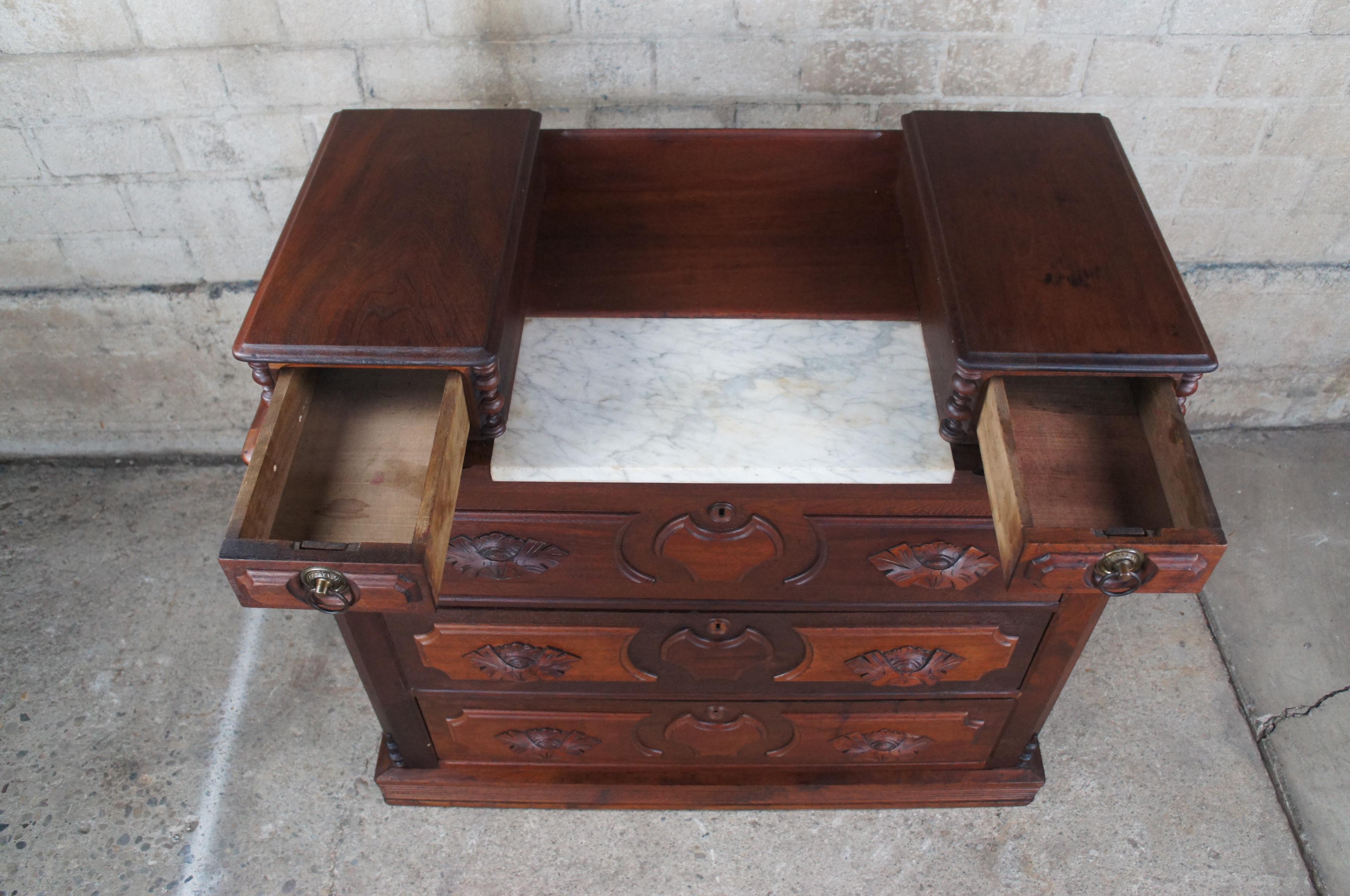 Antique Victorian Carved Walnut Step Back Dresser Chest Marble Glovebox Drawers 2