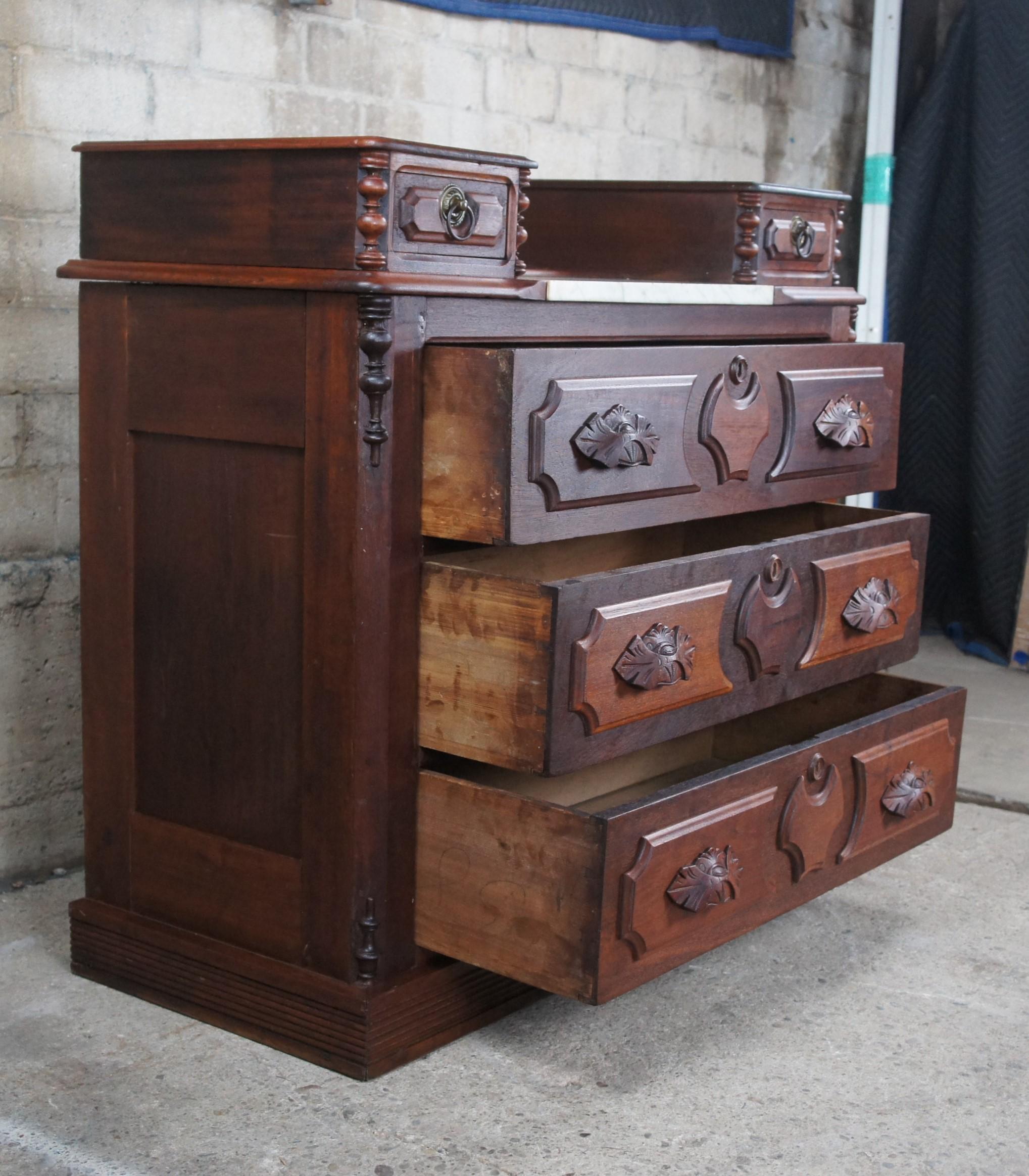 Antique Victorian Carved Walnut Step Back Dresser Chest Marble Glovebox Drawers 3