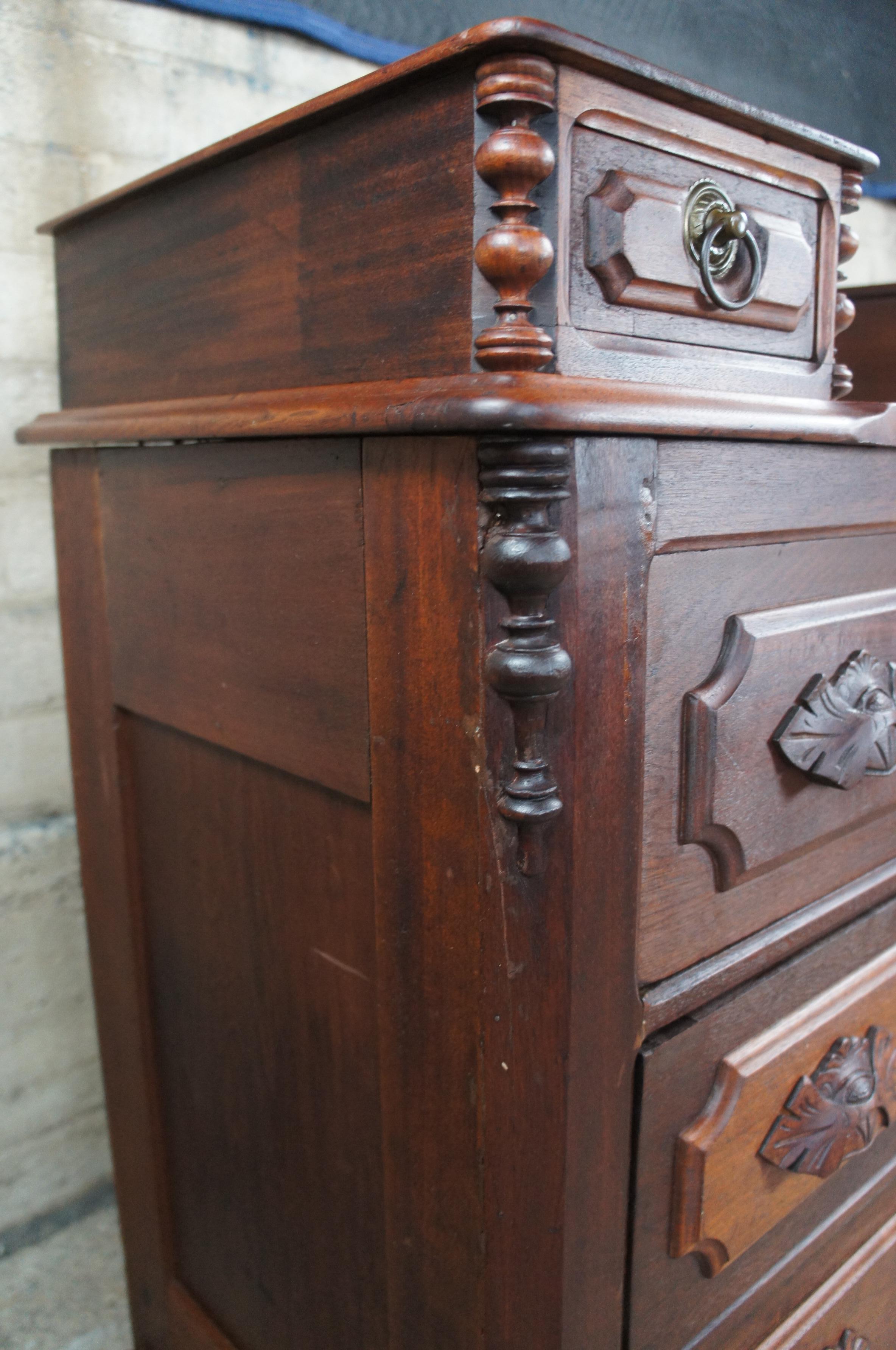 Antique Victorian Carved Walnut Step Back Dresser Chest Marble Glovebox Drawers 4