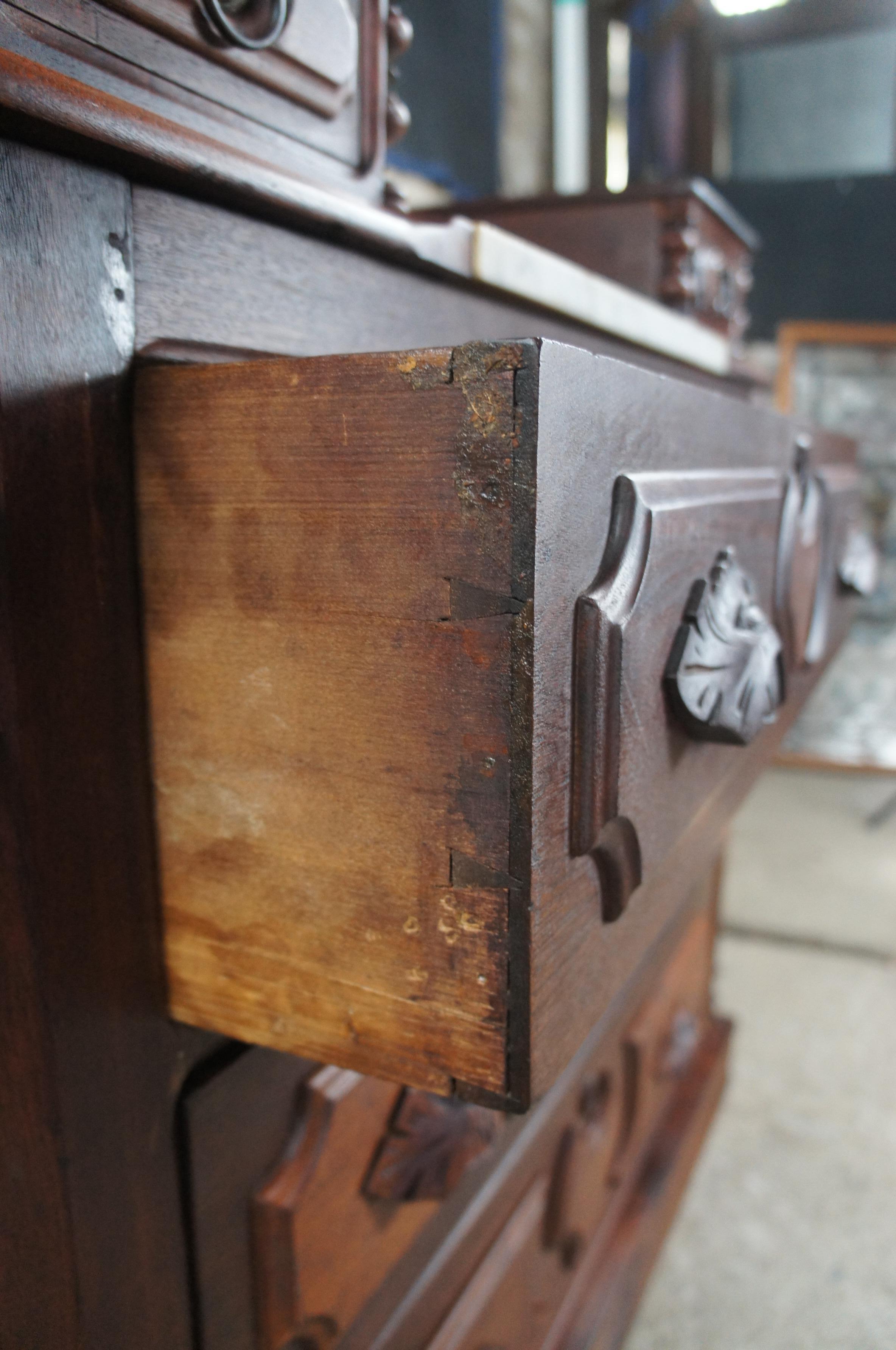 Antique Victorian Carved Walnut Step Back Dresser Chest Marble Glovebox Drawers 5