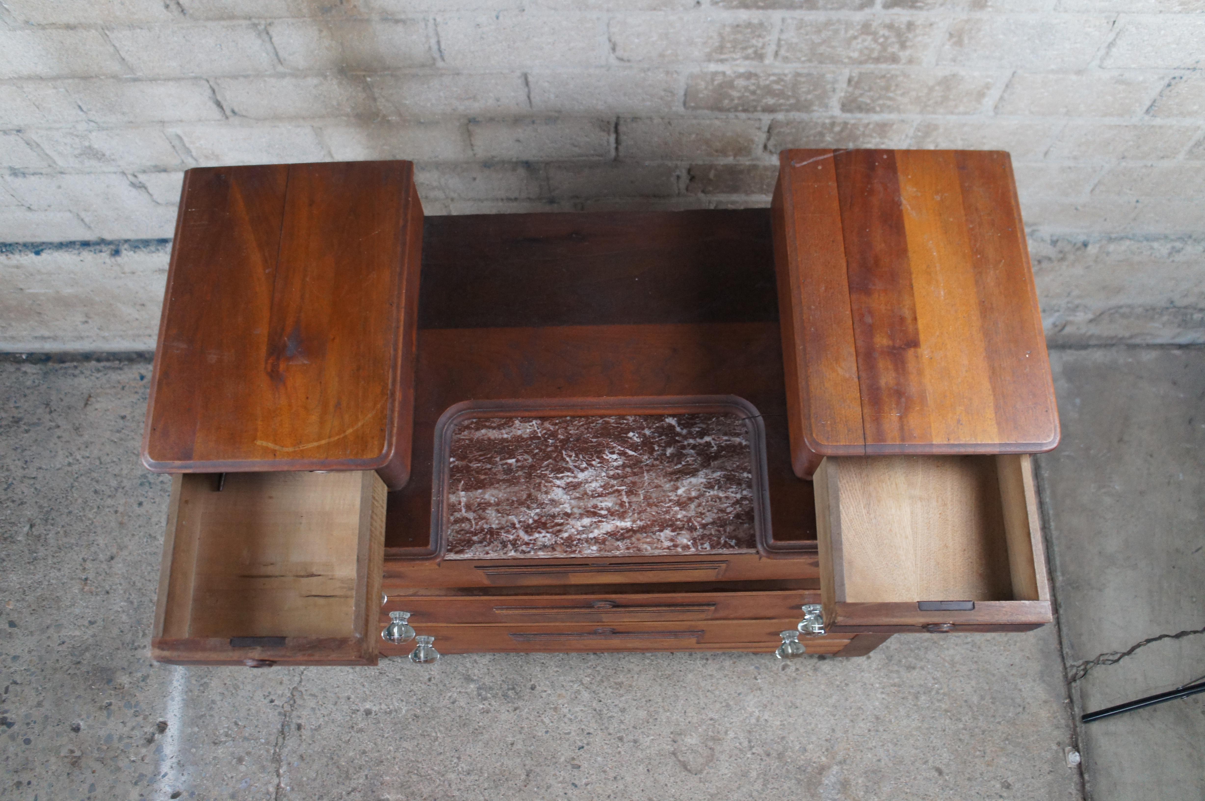 Ancienne commode victorienne en noyer sculpté à dossier tiroirs en marbre boîte à gants en vente 3