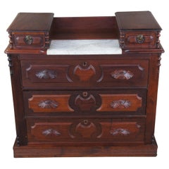 Antique Victorian Carved Walnut Step Back Dresser Chest Marble Glovebox Drawers