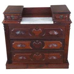 Used Victorian Carved Walnut Step Back Dresser Chest Marble Glovebox Drawers