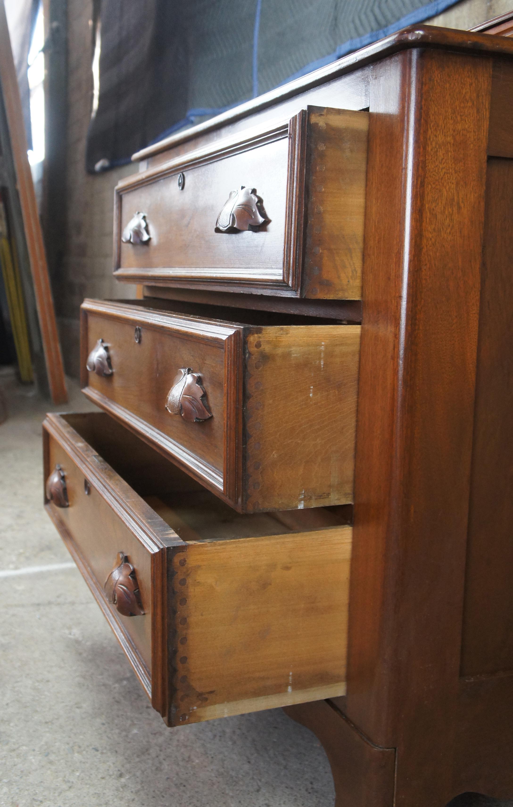 Antique Victorian Carved Walnut Step Back Dresser Chest w Glovebox Drawers In Good Condition In Dayton, OH