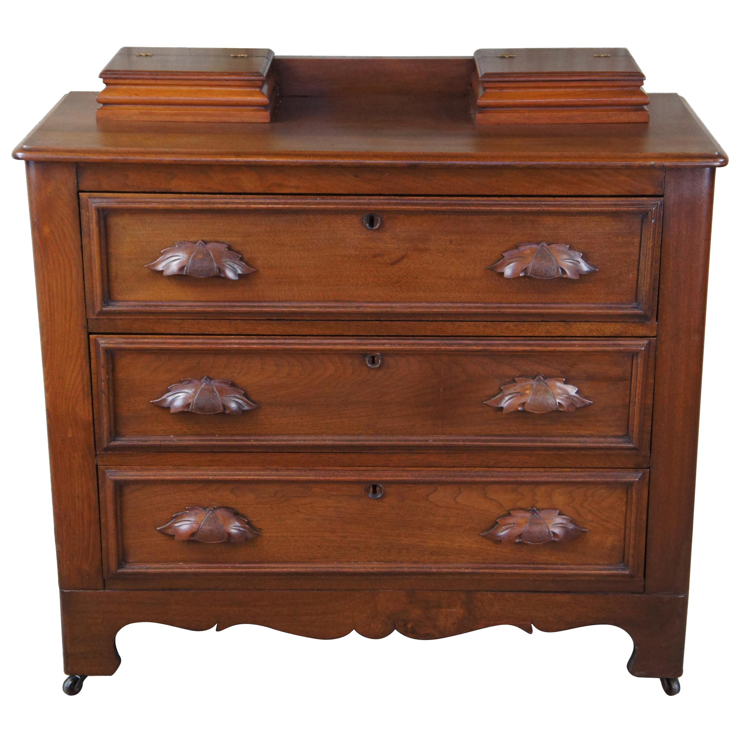 Antique Victorian Carved Walnut Step Back Dresser Chest w Glovebox Drawers