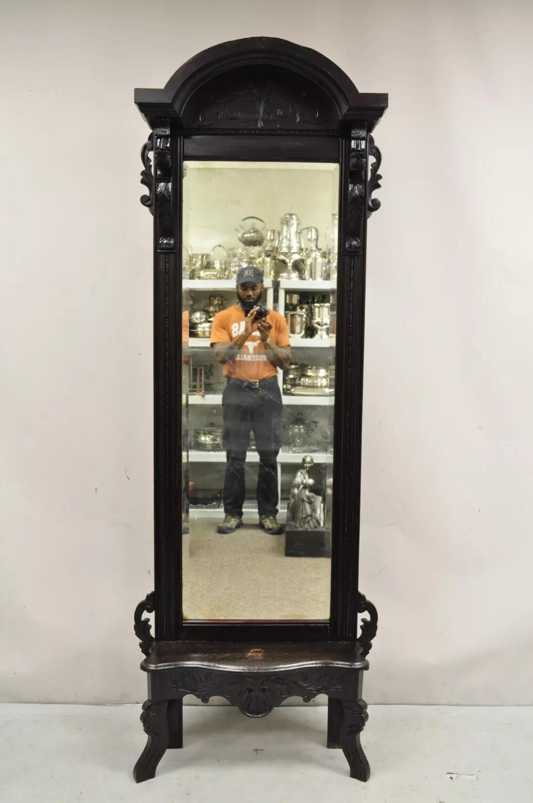 Antique Victorian Carved Walnut Tall Hall Entryway Pier Mirror with Figures 7