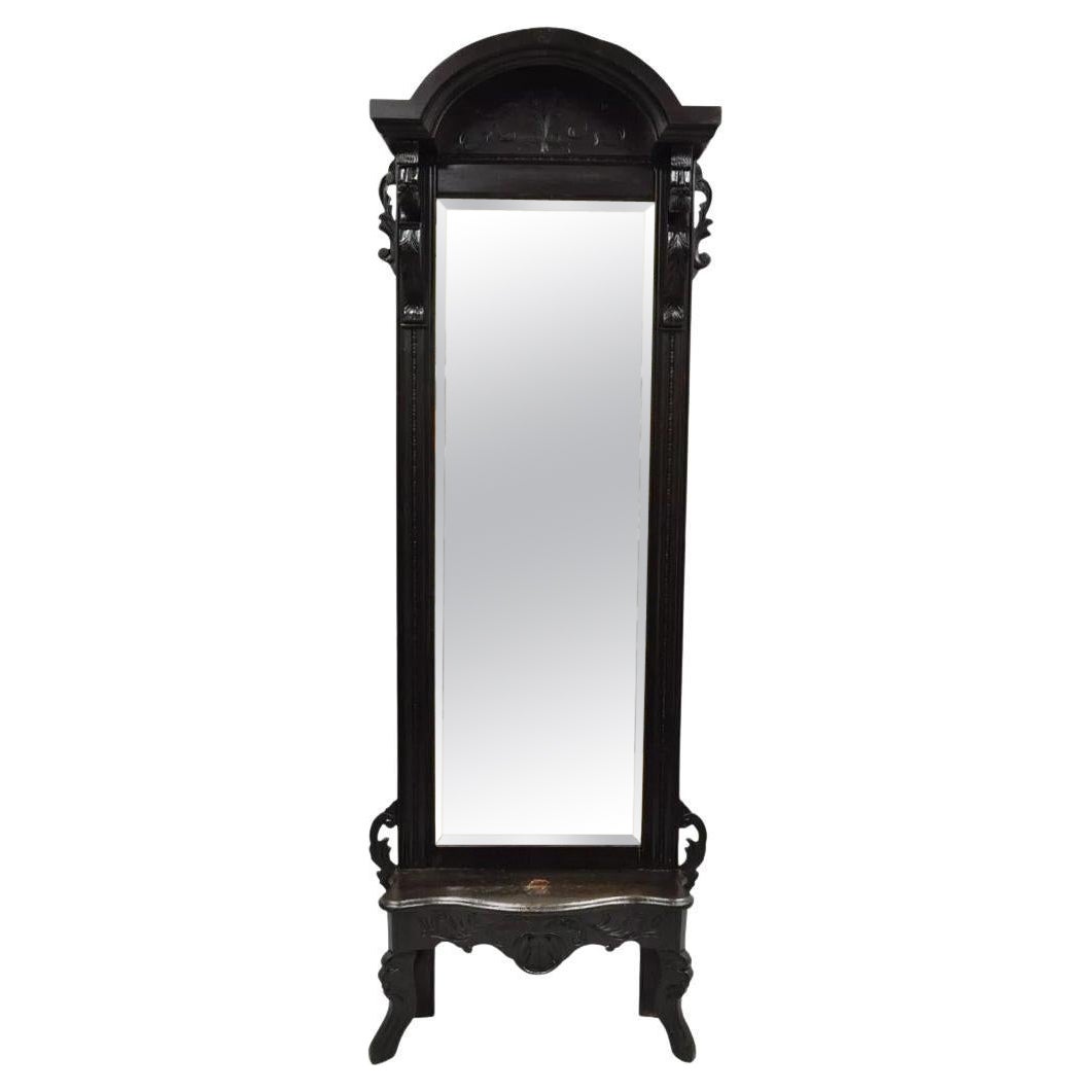 Antique Victorian Carved Walnut Tall Hall Entryway Pier Mirror with Figures