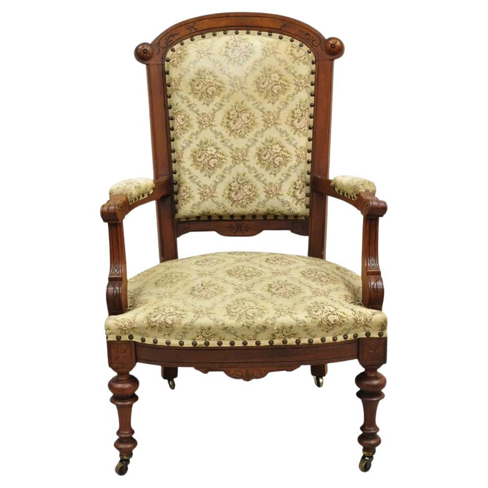 Antique Victorian Carved Walnut Tapestry Upholstered Parlor Lounge Arm Chair