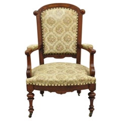 Antique Victorian Carved Walnut Tapestry Upholstered Parlor Lounge Arm Chair