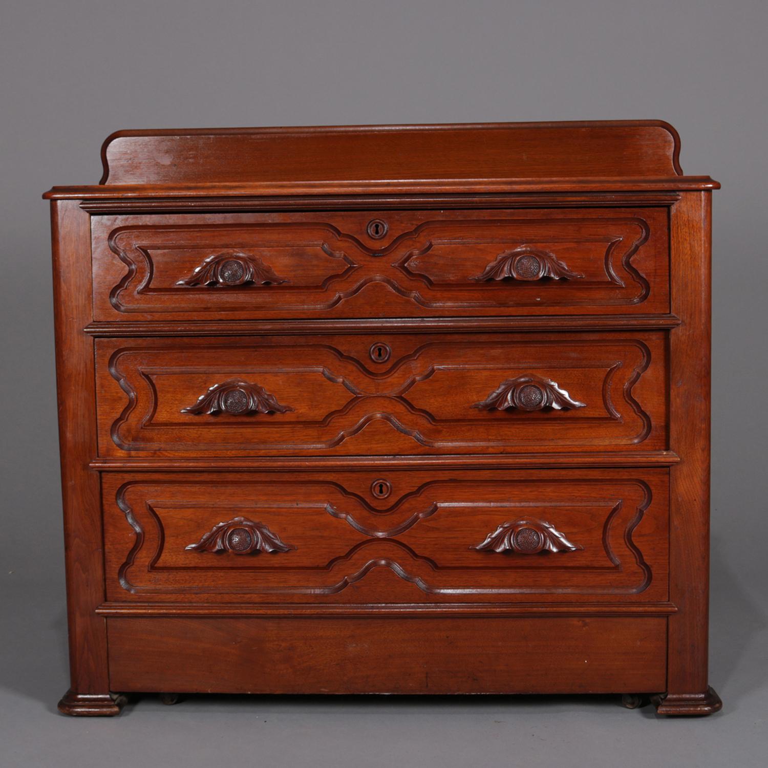 American Antique Victorian Carved Walnut Three-Drawer Chest of Drawers, circa 1890