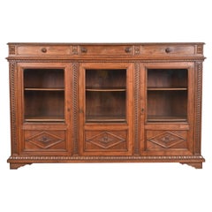 Antique Victorian Carved Walnut Triple Bookcase, Circa 1890s