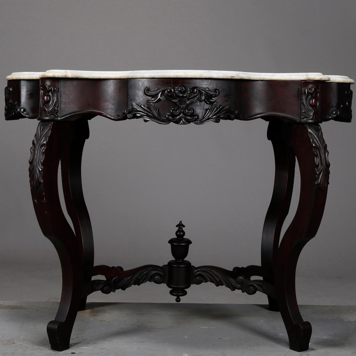 Beveled Antique Victorian Carved Walnut Turtle Top Marble-Top Table, circa 1890