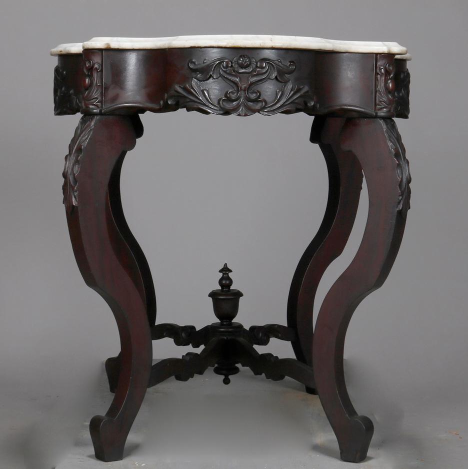 Antique Victorian Carved Walnut Turtle Top Marble-Top Table, circa 1890 In Good Condition In Big Flats, NY