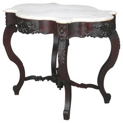 Antique Victorian Carved Walnut Turtle Top Marble-Top Table, circa 1890