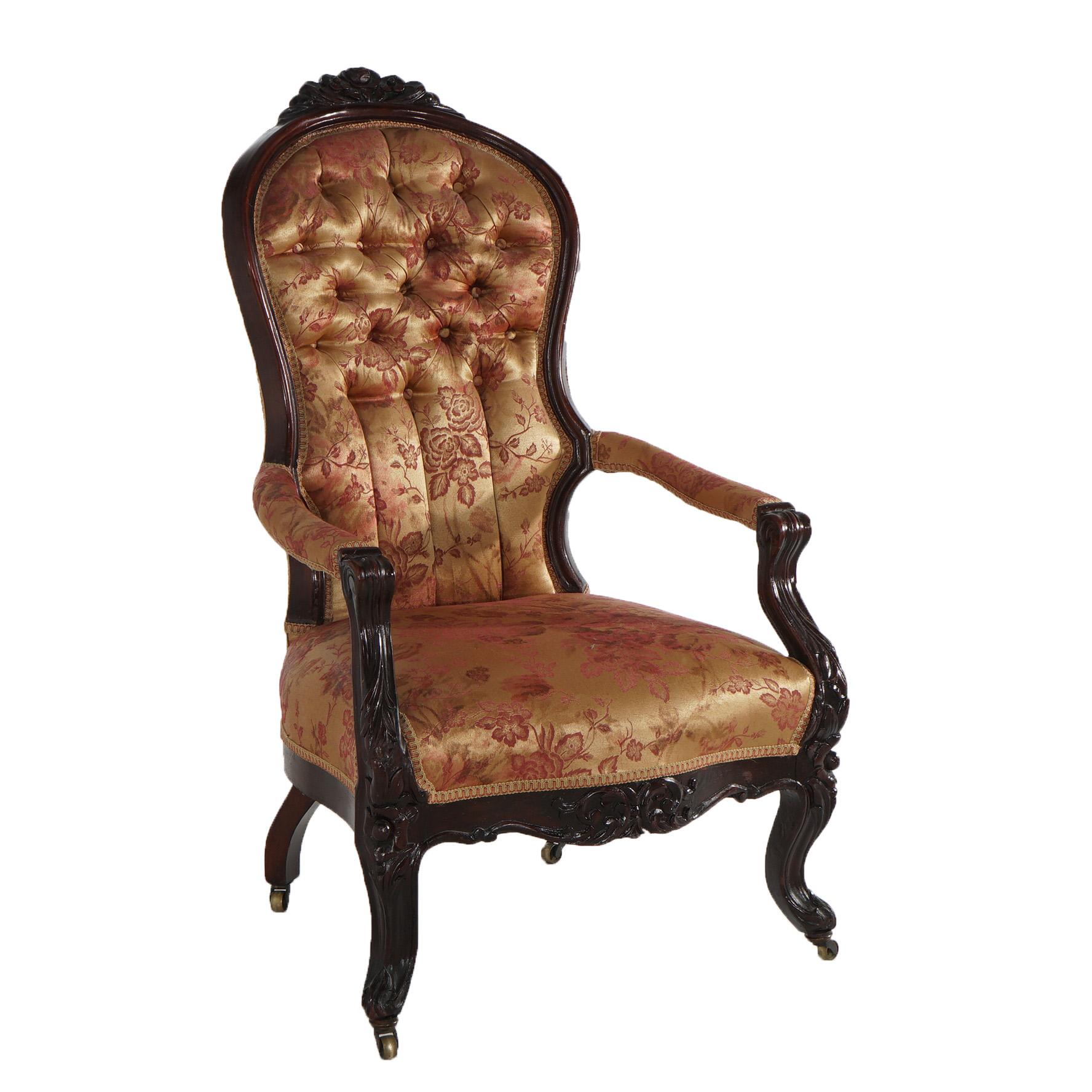 Antique Victorian Carved Walnut Upholstered Button-Back Gentleman’s Chair C1890 For Sale 9