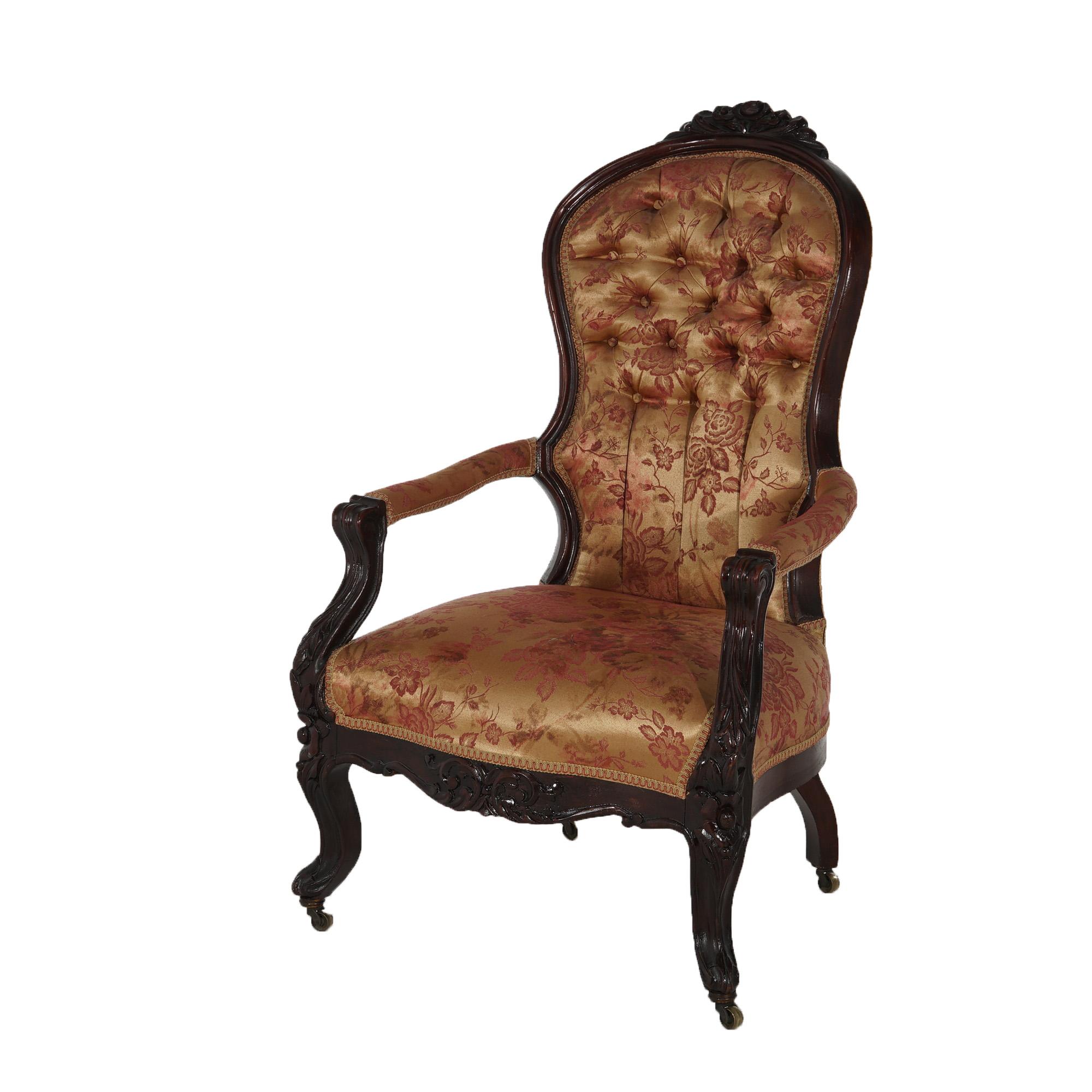 Antique Victorian Carved Walnut Upholstered Button-Back Gentleman’s Chair C1890 In Good Condition For Sale In Big Flats, NY