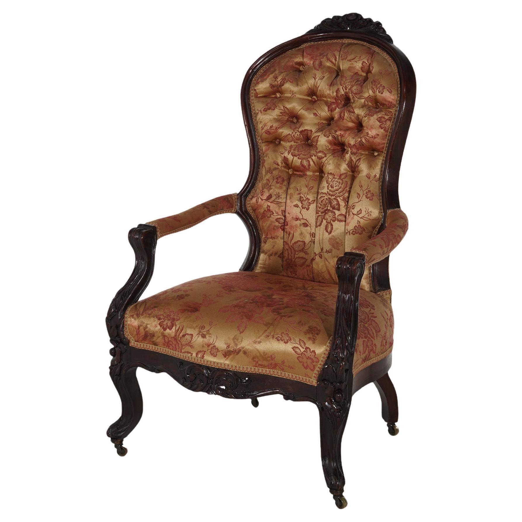 Antique Victorian Carved Walnut Upholstered Button-Back Gentleman’s Chair C1890 For Sale