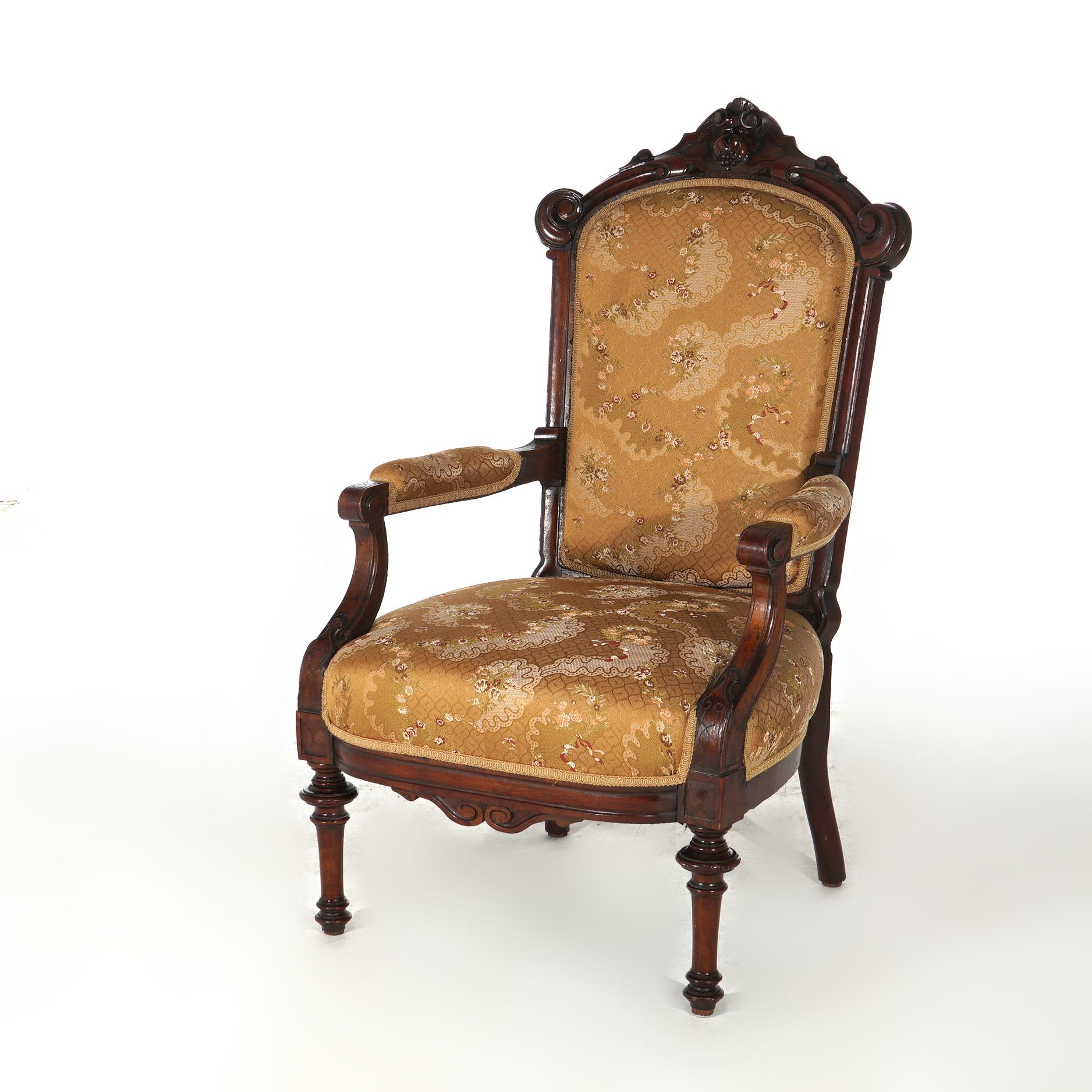 ***Ask About Reduced In-House Delivery Rates - Reliable Professional Service & Fully Insured***

Antique Victorian Carved Walnut Upholstered Gentleman’s Chair with Arched Crest, Covered Arms and Balustrade Legs, C1890

Measures - 42.5