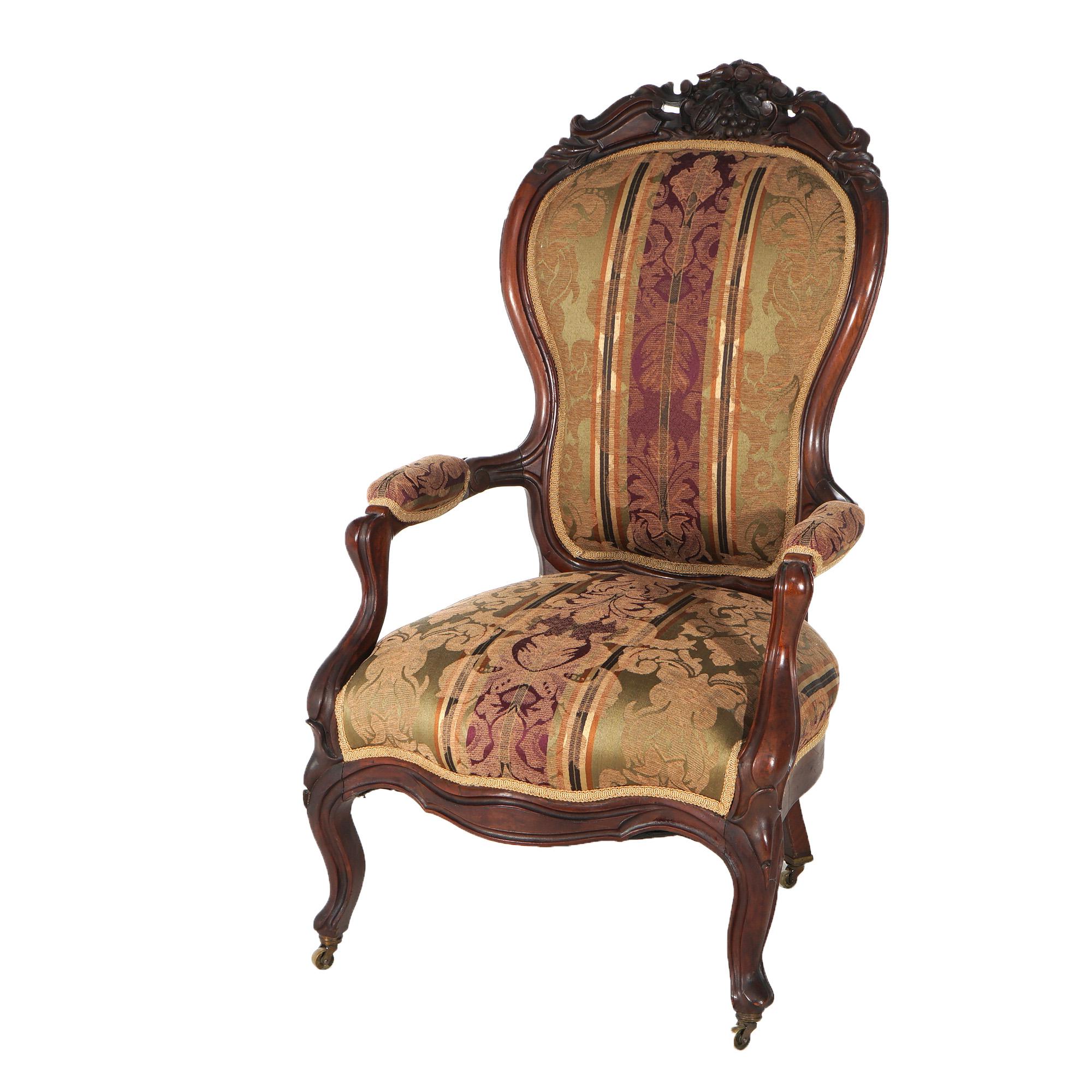 Renaissance Revival Antique Victorian Carved Walnut Upholstered Gentleman’s Chair C1890 For Sale