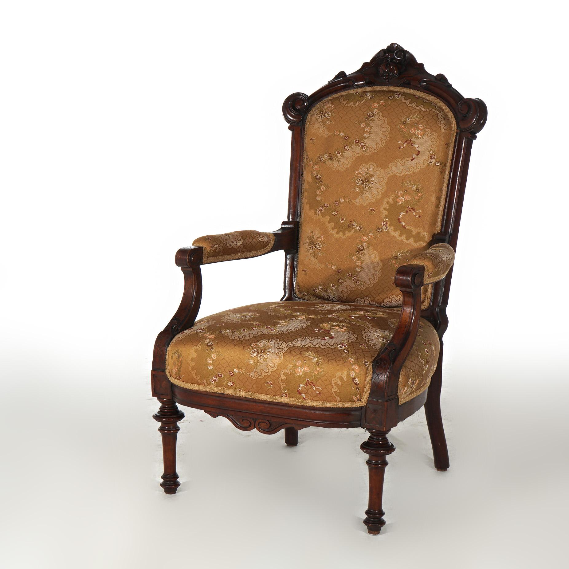 Renaissance Revival Antique Victorian Carved Walnut Upholstered Gentleman’s Chair C1890 For Sale