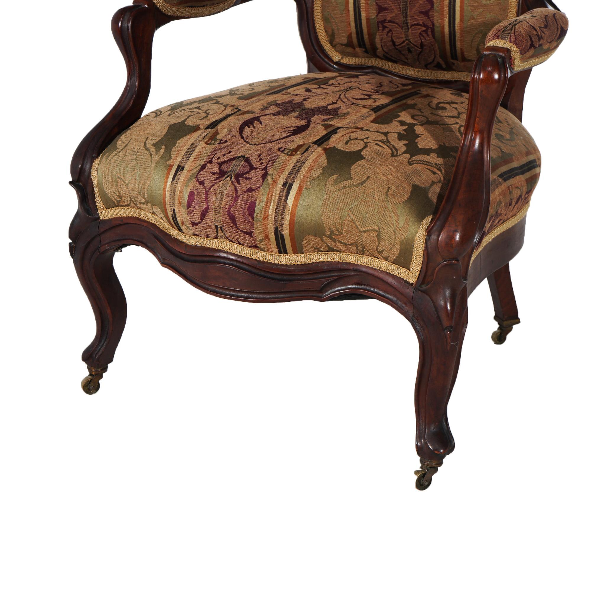 Antique Victorian Carved Walnut Upholstered Gentleman’s Chair C1890 In Good Condition For Sale In Big Flats, NY