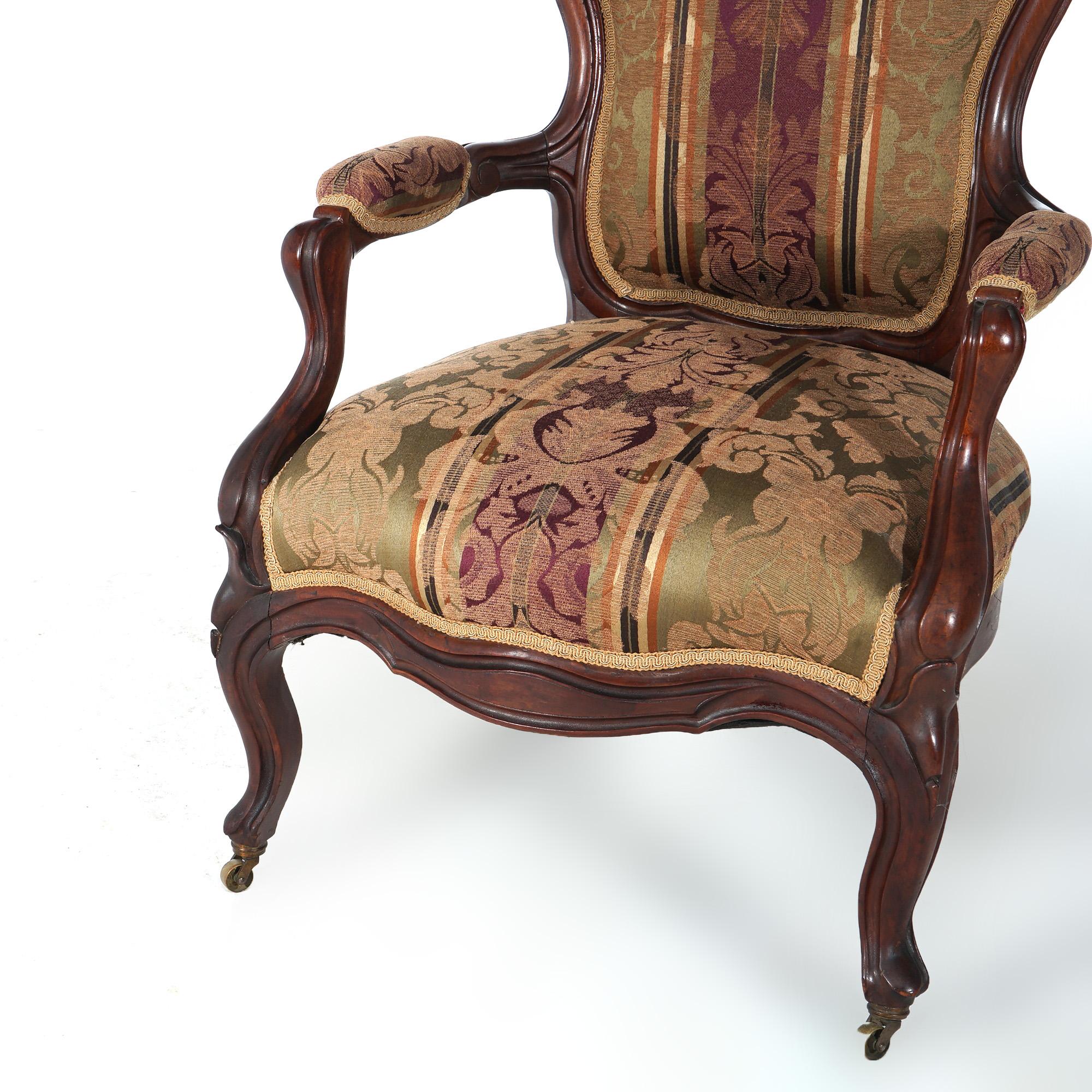 19th Century Antique Victorian Carved Walnut Upholstered Gentleman’s Chair C1890 For Sale