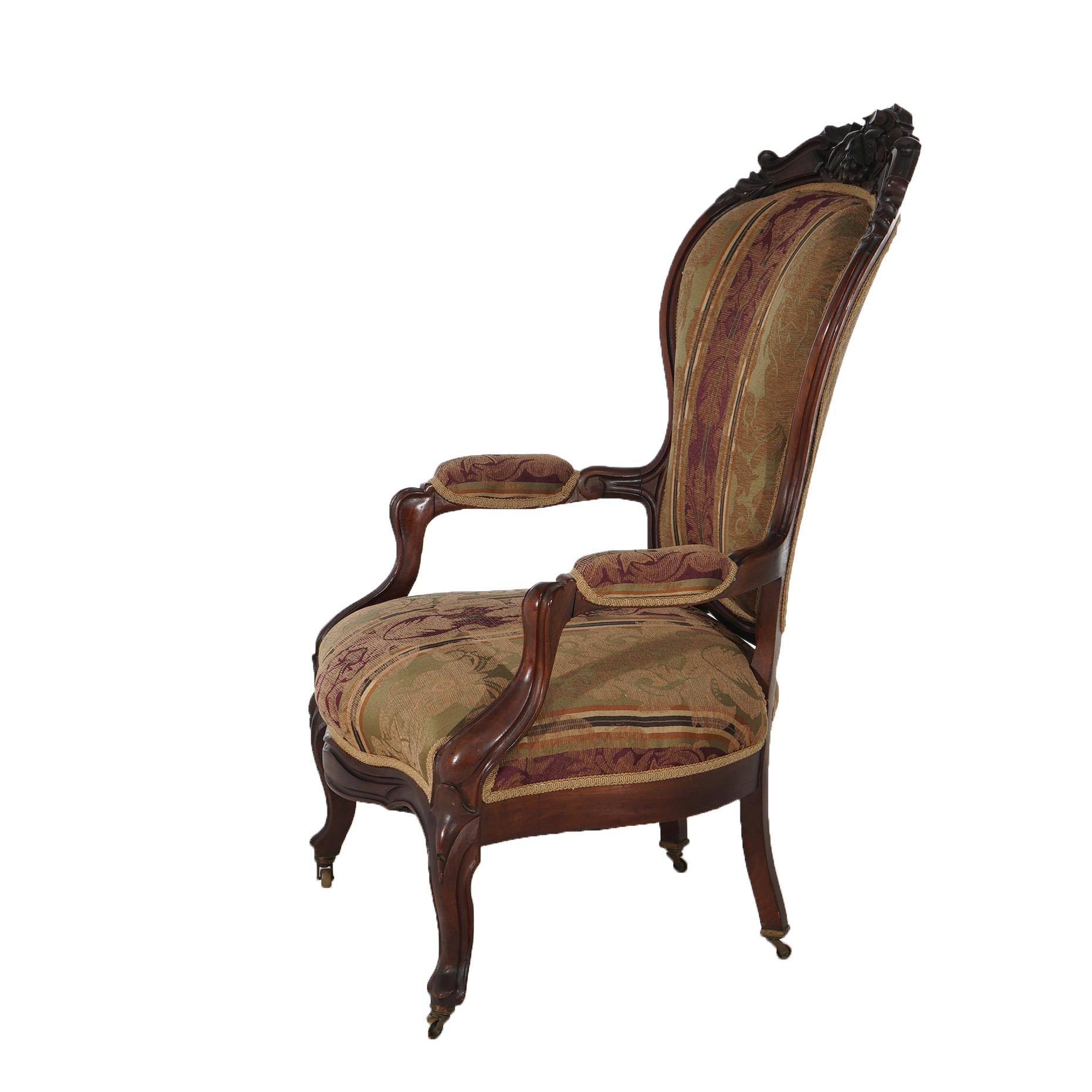 Upholstery Antique Victorian Carved Walnut Upholstered Gentleman’s Chair C1890 For Sale