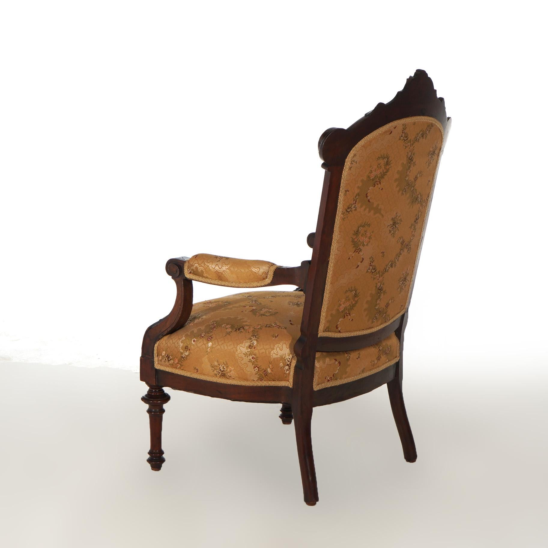 Upholstery Antique Victorian Carved Walnut Upholstered Gentleman’s Chair C1890 For Sale