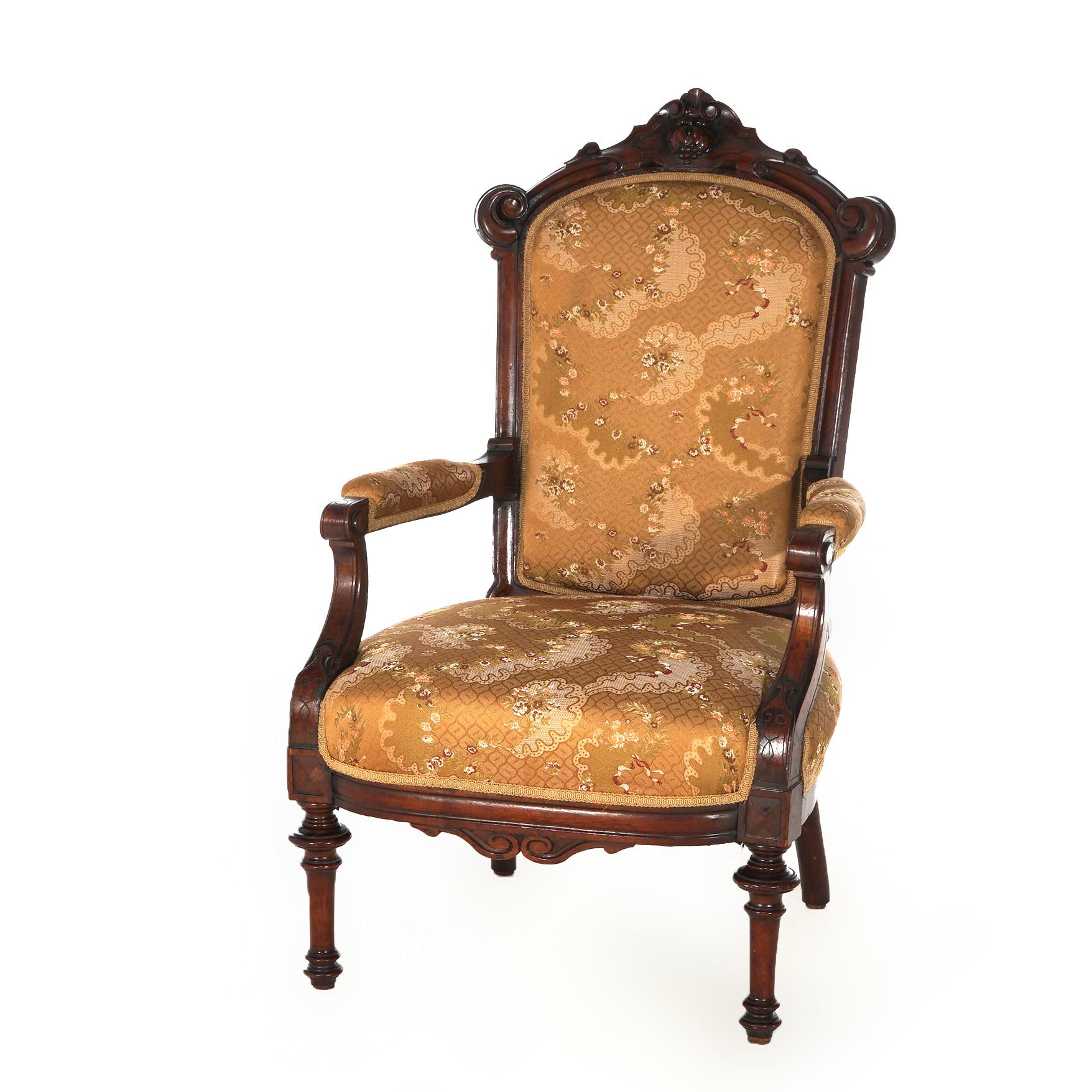 Antique Victorian Carved Walnut Upholstered Gentleman’s Chair C1890 For Sale 3