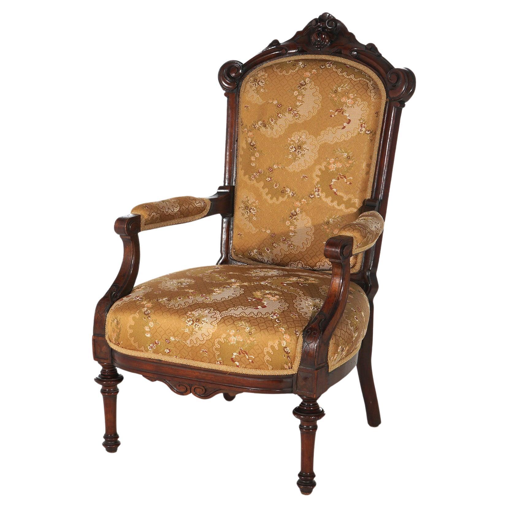 Antique Victorian Carved Walnut Upholstered Gentleman’s Chair C1890 For Sale