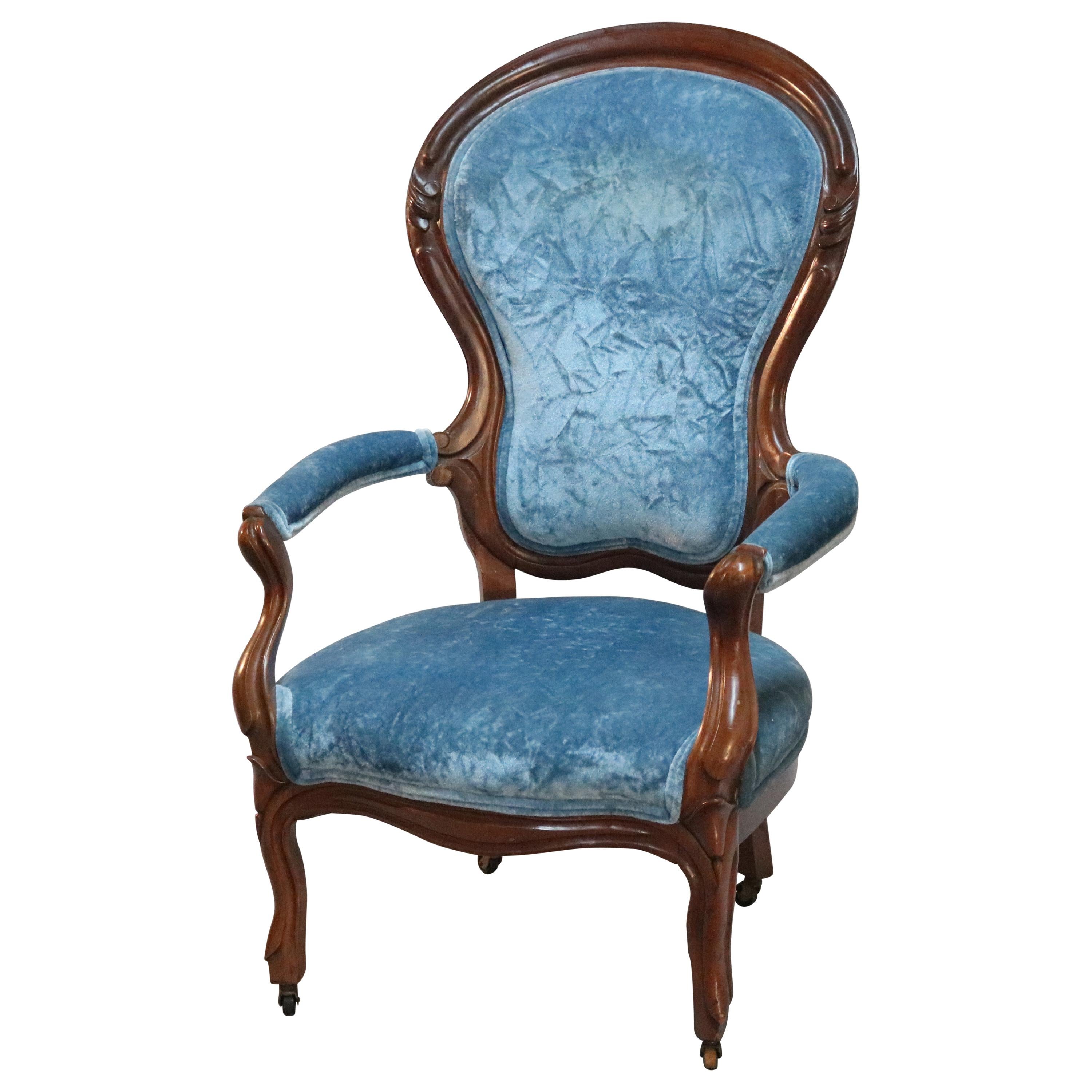 Antique Victorian Carved Walnut Upholstered Gentleman's Parlor Armchair