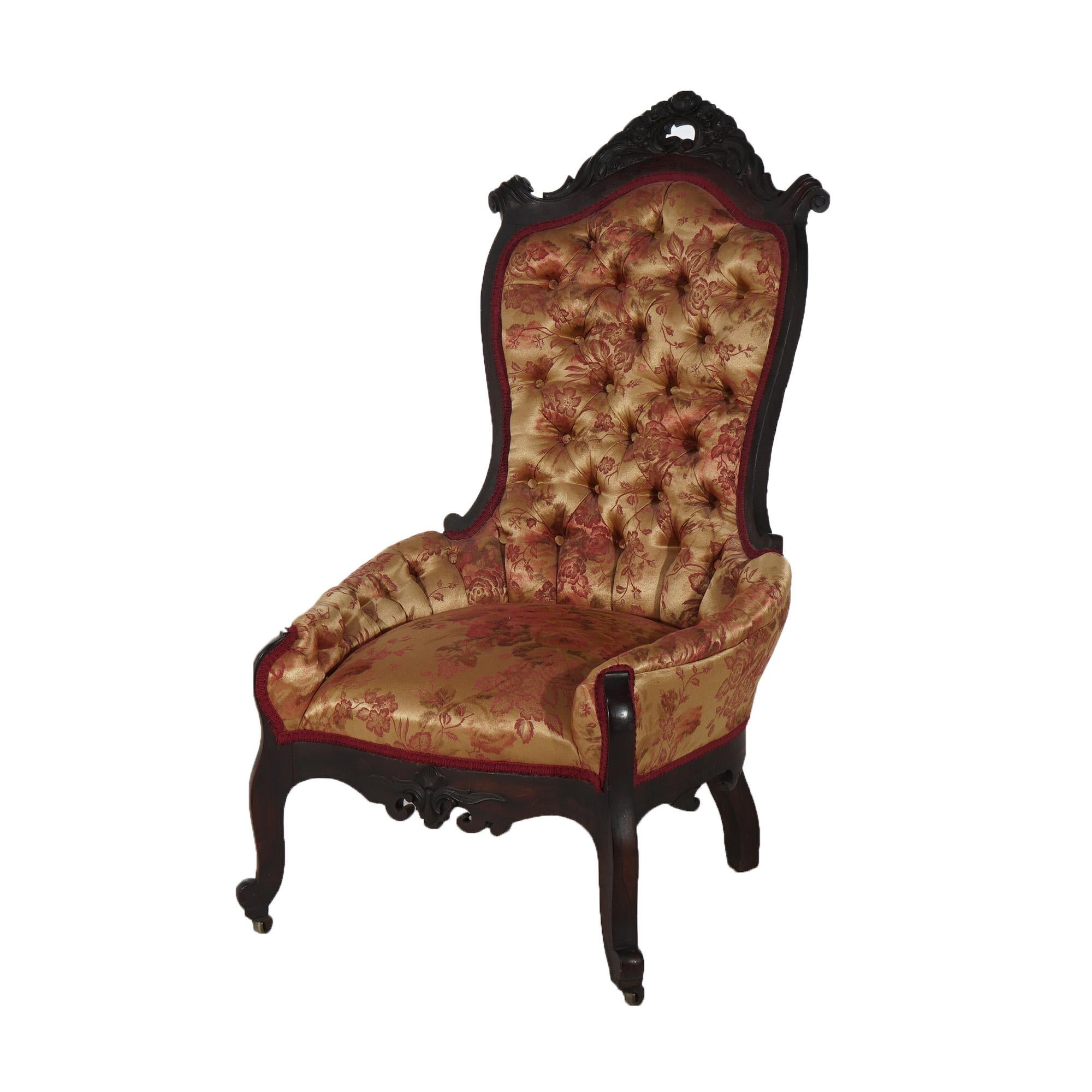 Antique Victorian Carved Walnut & Upholstered Lady’s Boudoir Chair C1890 In Good Condition For Sale In Big Flats, NY