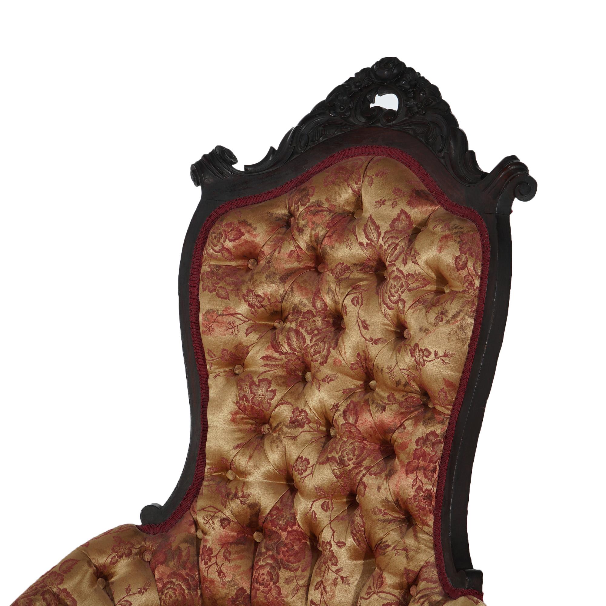 Upholstery Antique Victorian Carved Walnut & Upholstered Lady’s Boudoir Chair C1890 For Sale