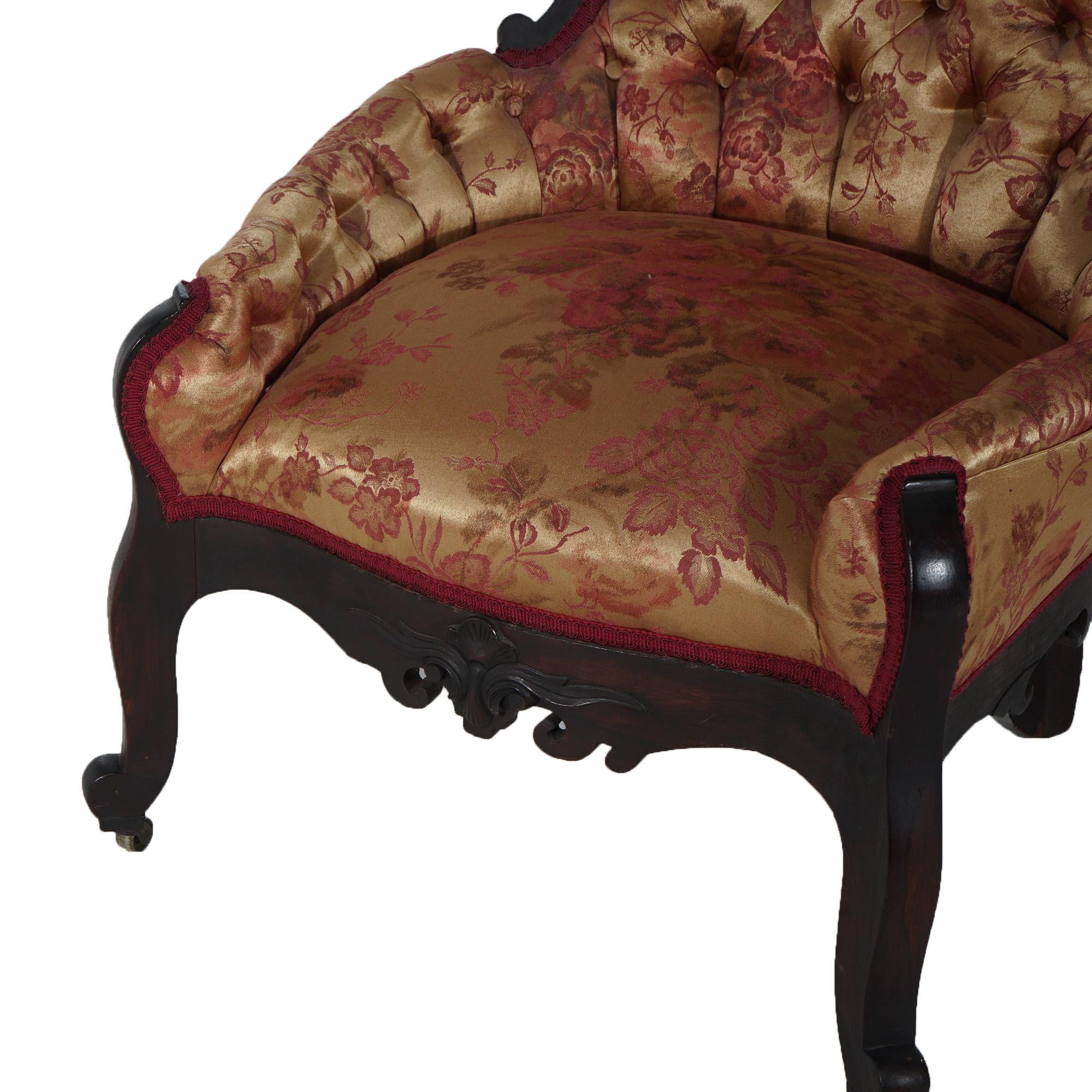 Antique Victorian Carved Walnut & Upholstered Lady’s Boudoir Chair C1890 For Sale 1