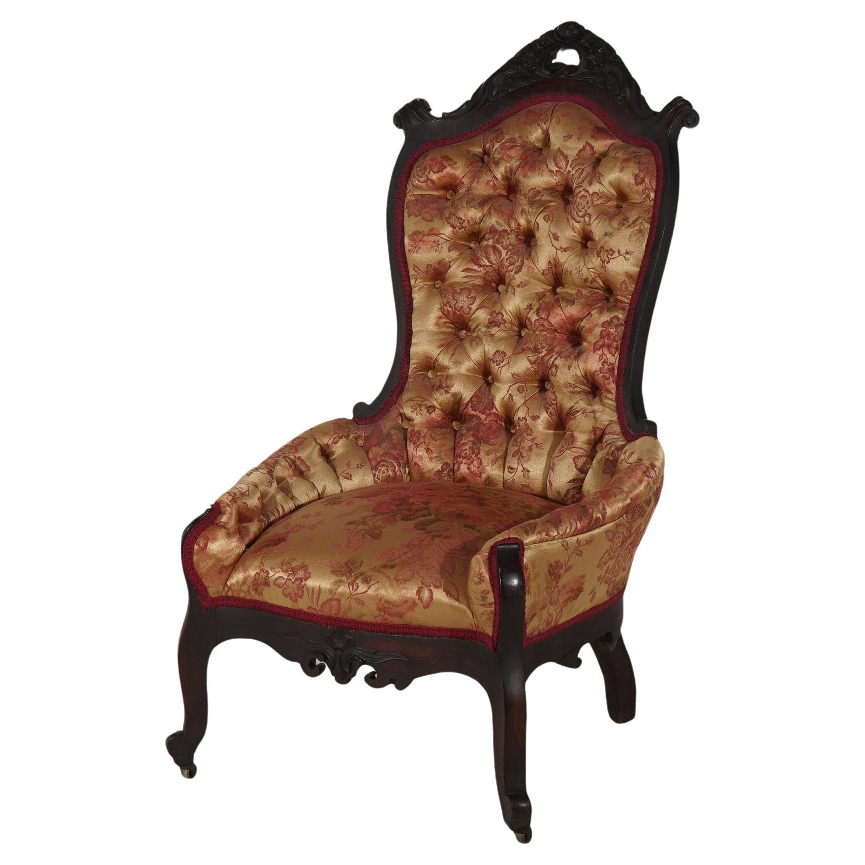 Antique Victorian Carved Walnut & Upholstered Lady’s Boudoir Chair C1890 For Sale