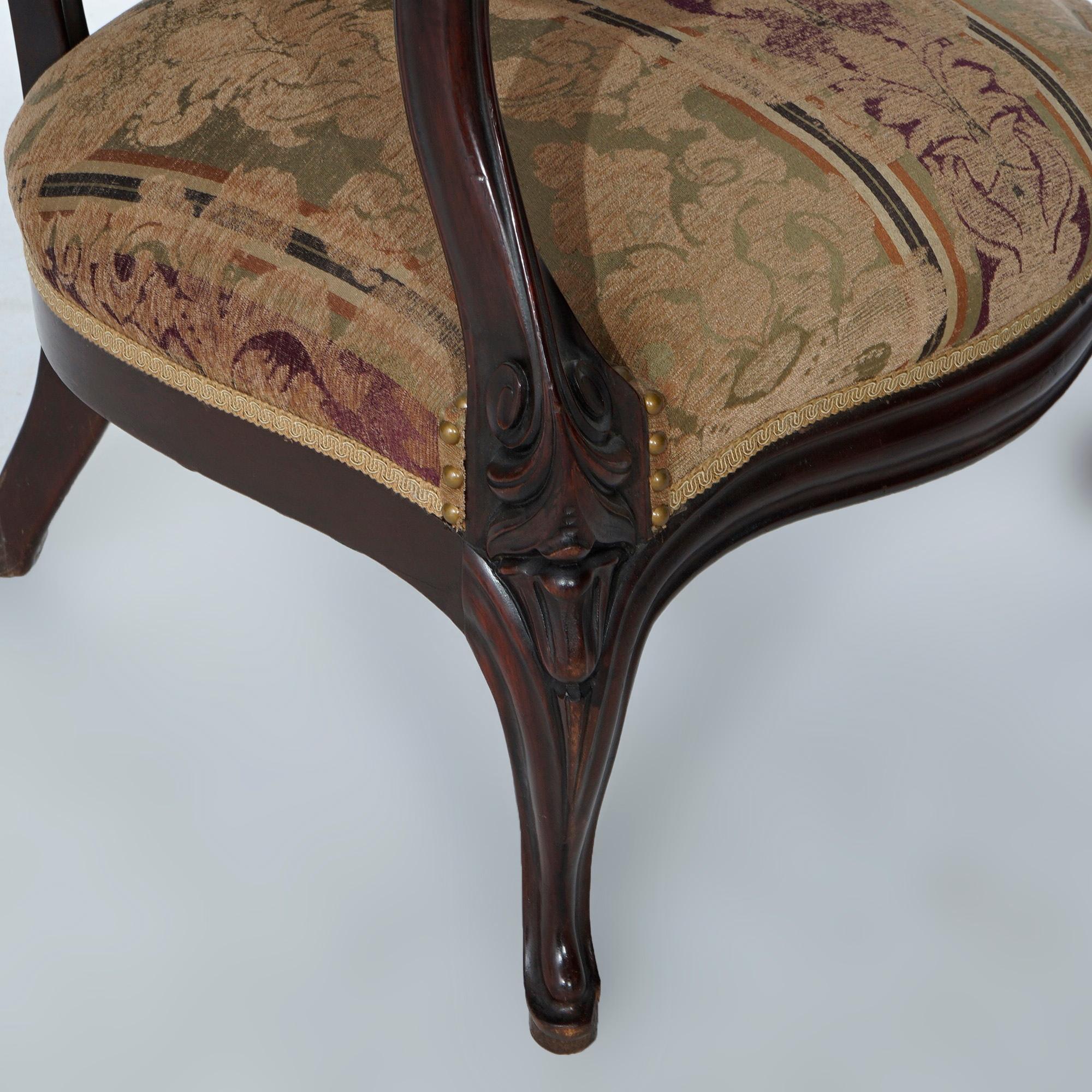 Antique Victorian Carved Walnut Upholstered Parlor Arm Chair Circa 1890 For Sale 5
