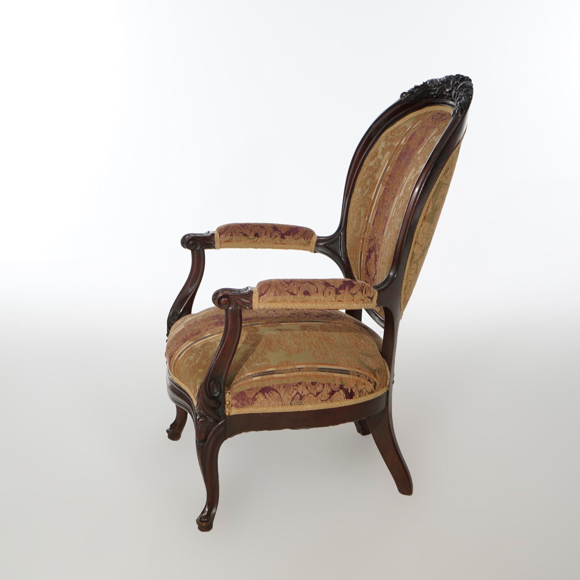 American Antique Victorian Carved Walnut Upholstered Parlor Arm Chair Circa 1890 For Sale