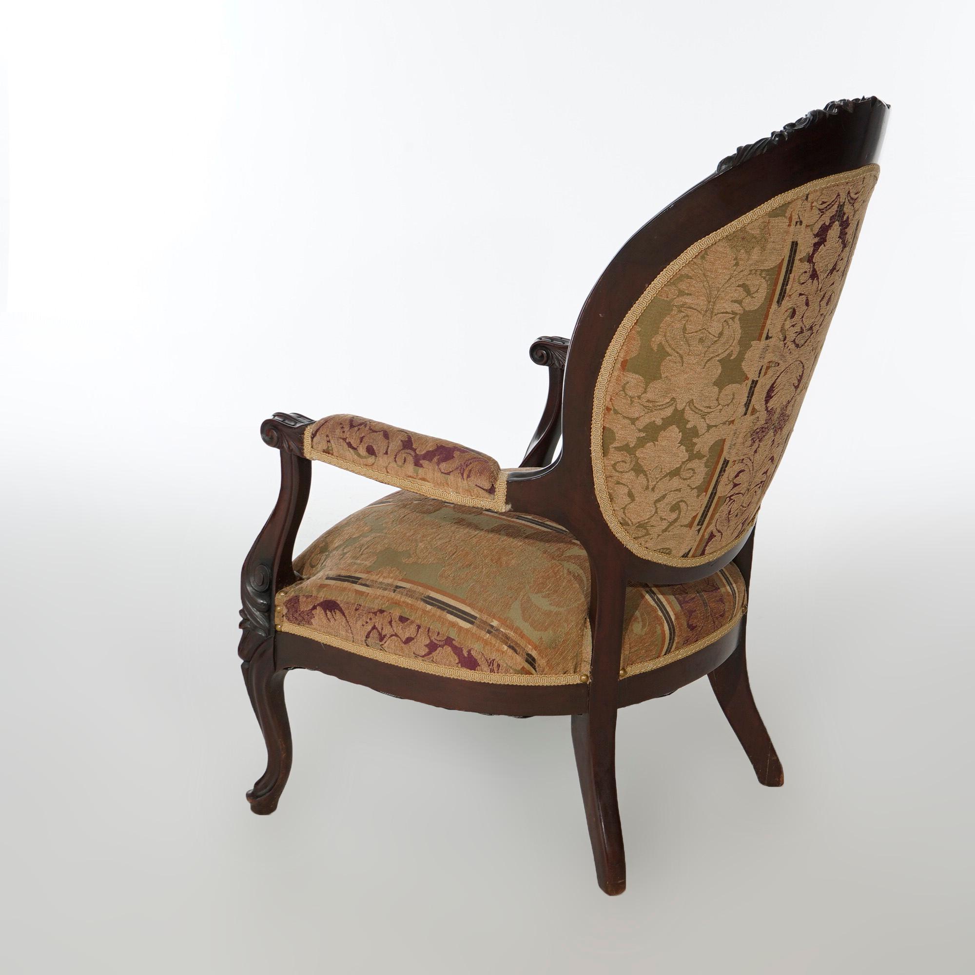 19th Century Antique Victorian Carved Walnut Upholstered Parlor Arm Chair Circa 1890