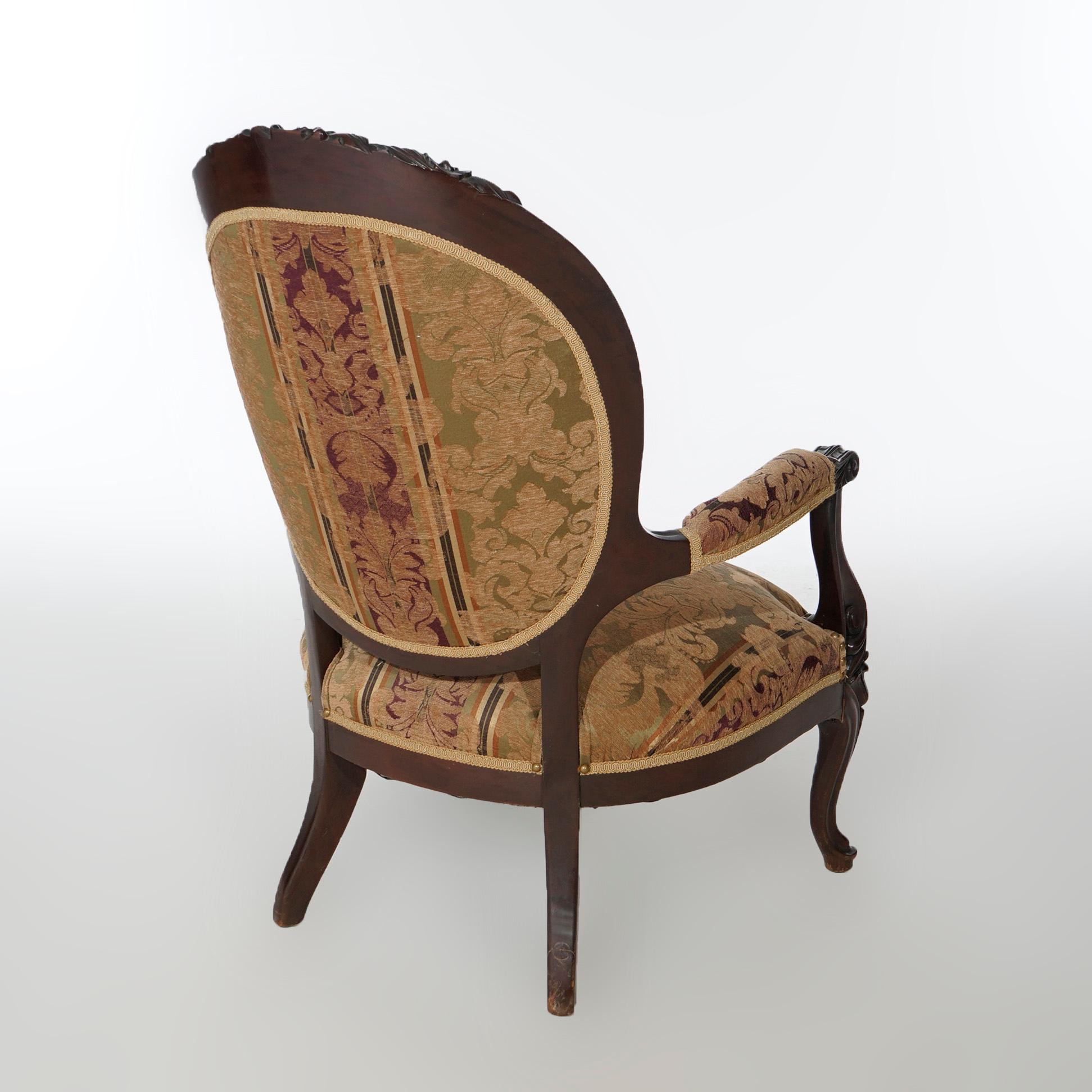 Upholstery Antique Victorian Carved Walnut Upholstered Parlor Arm Chair Circa 1890 For Sale